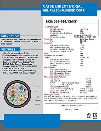 VC VERTICAL CABLE Vertical Cable Cat5e, 350 Mhz, UTP, Gel Filled (Flooded Core), Direct Burial, 1000ft, Black, Bulk Ethernet Cable