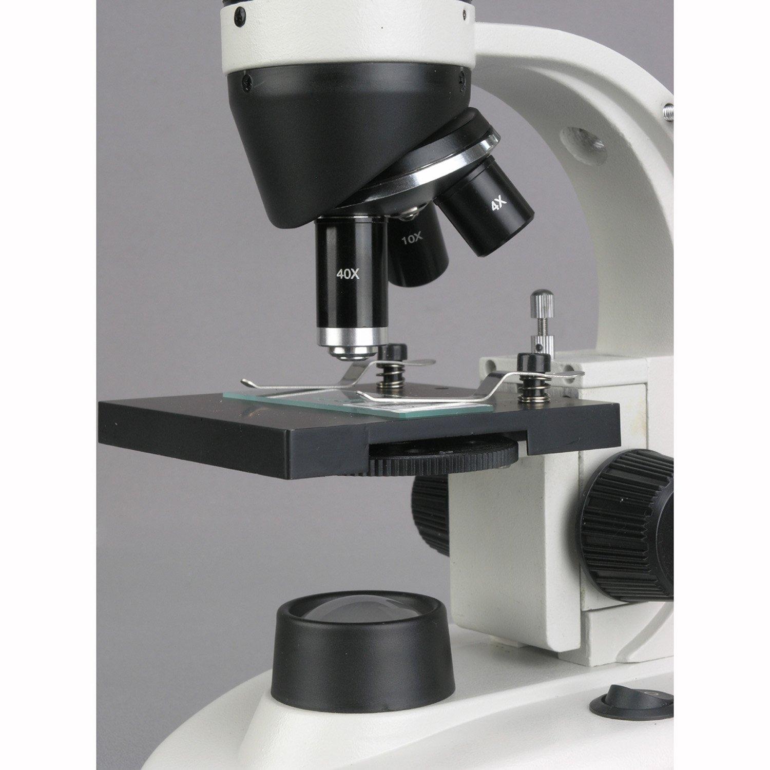 AmScope AmScope M135C-2L-PB10 Compound Monocular Microscope, WF10x and WF25x widefield eyepieces, 40x-1000x Magnification, Brightfield, Upper and Lower LED Illumination, Plain Stage, Cordless Operation with Rechargeable