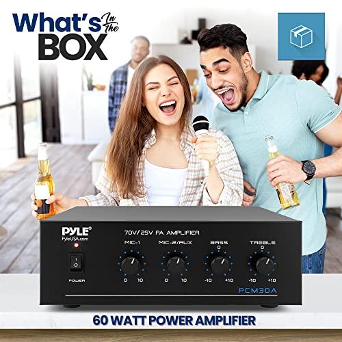 Pyle Pyle Compact Mini Home Power Amplifier - 60W Smart Small Indoor Audio Stereo Receiver w/ RCA, 2 Microphone IN, 25/70 Volt Outputs, LED, Input Selector, For PA, Amplified Speaker Sound System - PCM30A