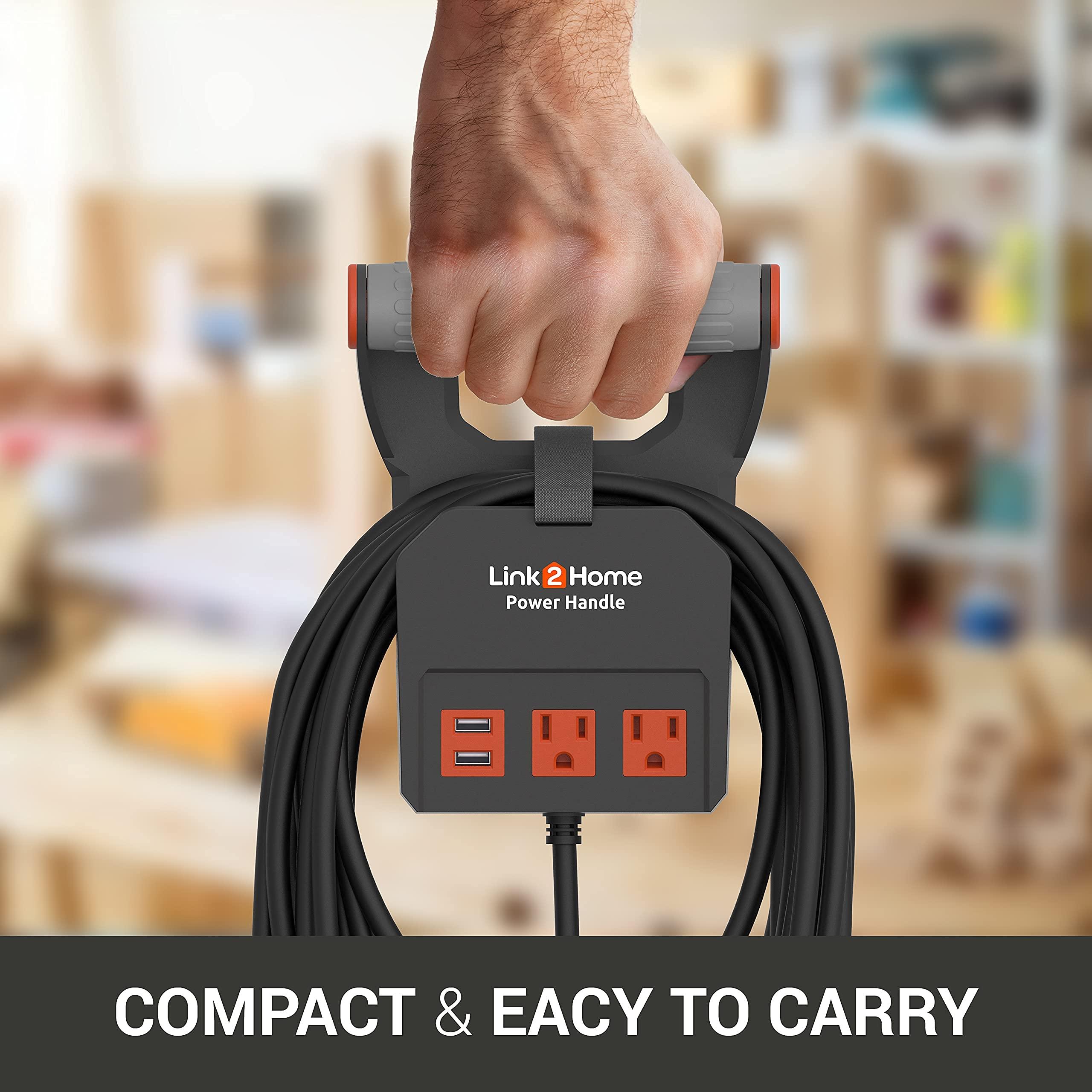 Link2Home Link2Home 20 Ft. Power Handle Extension Cord W/ 2 Outlets & 2 USB Ports - Wall Bracket & Hardware Included