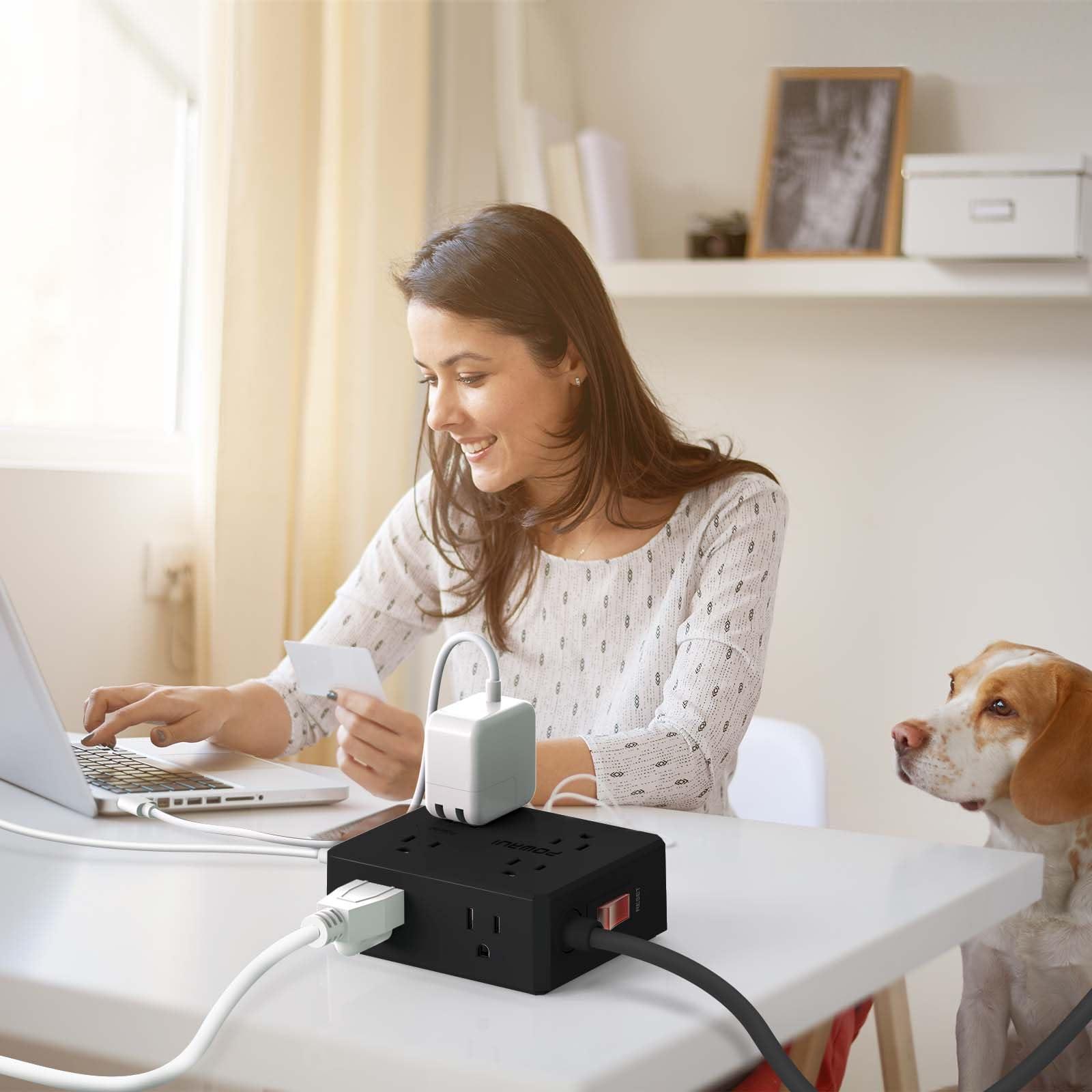 POWRUI Surge Protector Power Strip - 10 Ft Flat Plug Extension Cord with 8 Widely Outlets and 4 USB Ports(1 USB C), 3 Side Outlet Extender for Home Office, Black, ETL Listed