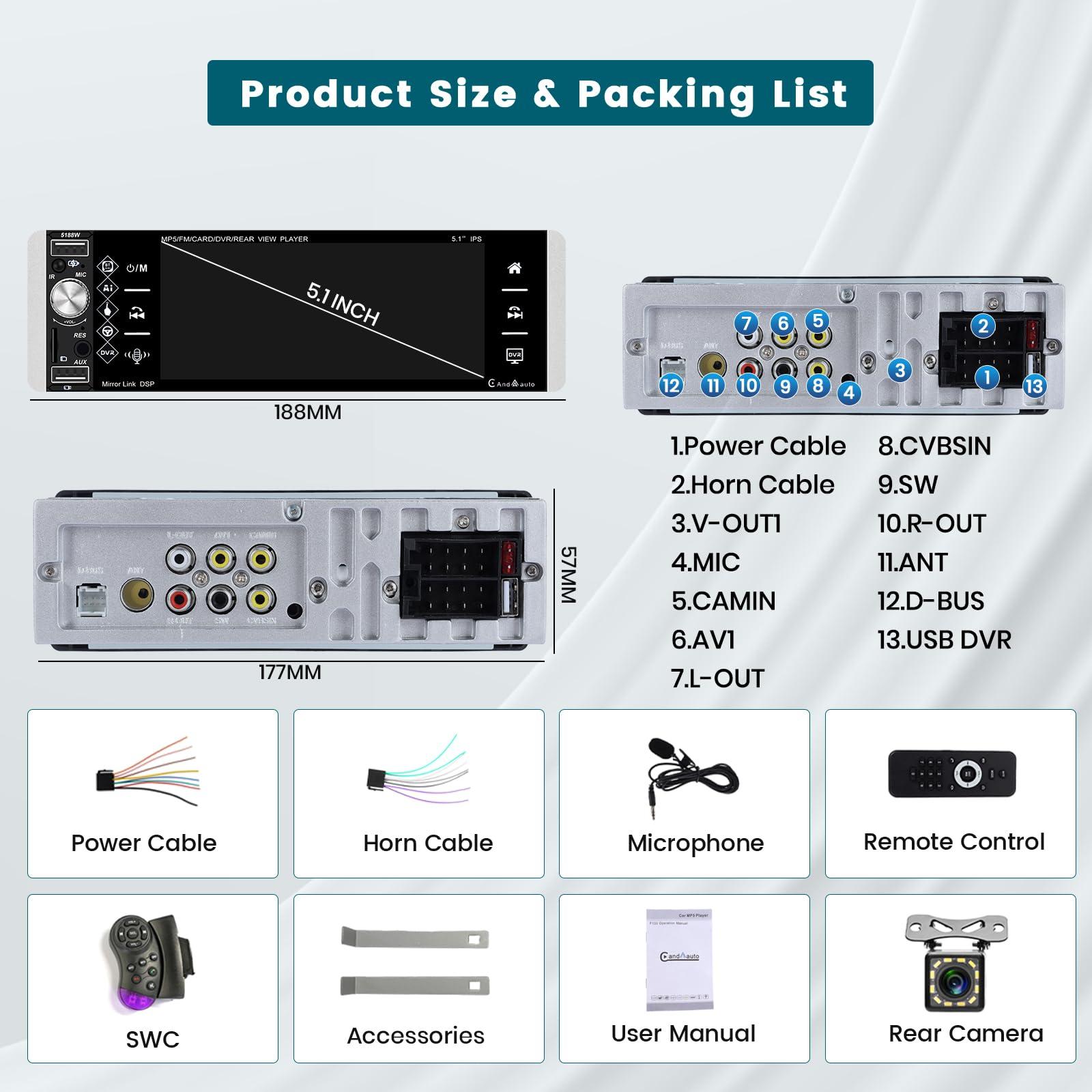 Hikity Hikity 5.1 Inch Car Stereo with Wireless Apple Carplay Android Auto, Single Din Touch Screen Car Radio with Bluetooth, Mirror Link AM FM EQ SWC, Car Audio Receiver with USB/TF/AUX-in, Mic, Backup Cam