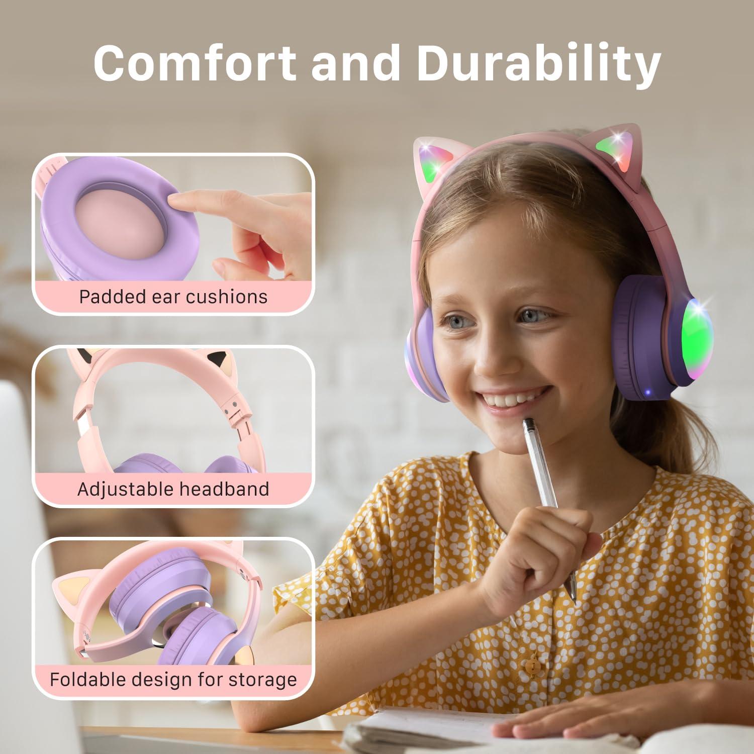 FosPower FosPower Kids Bluetooth 5.2 Headphones with LED Cat Ears (85/94dB Volume Limit & 100H Play Time) Foldable Wireless/Wired Headset with 3.5mm Cable for School/Travel - Light Pink/Light Purple