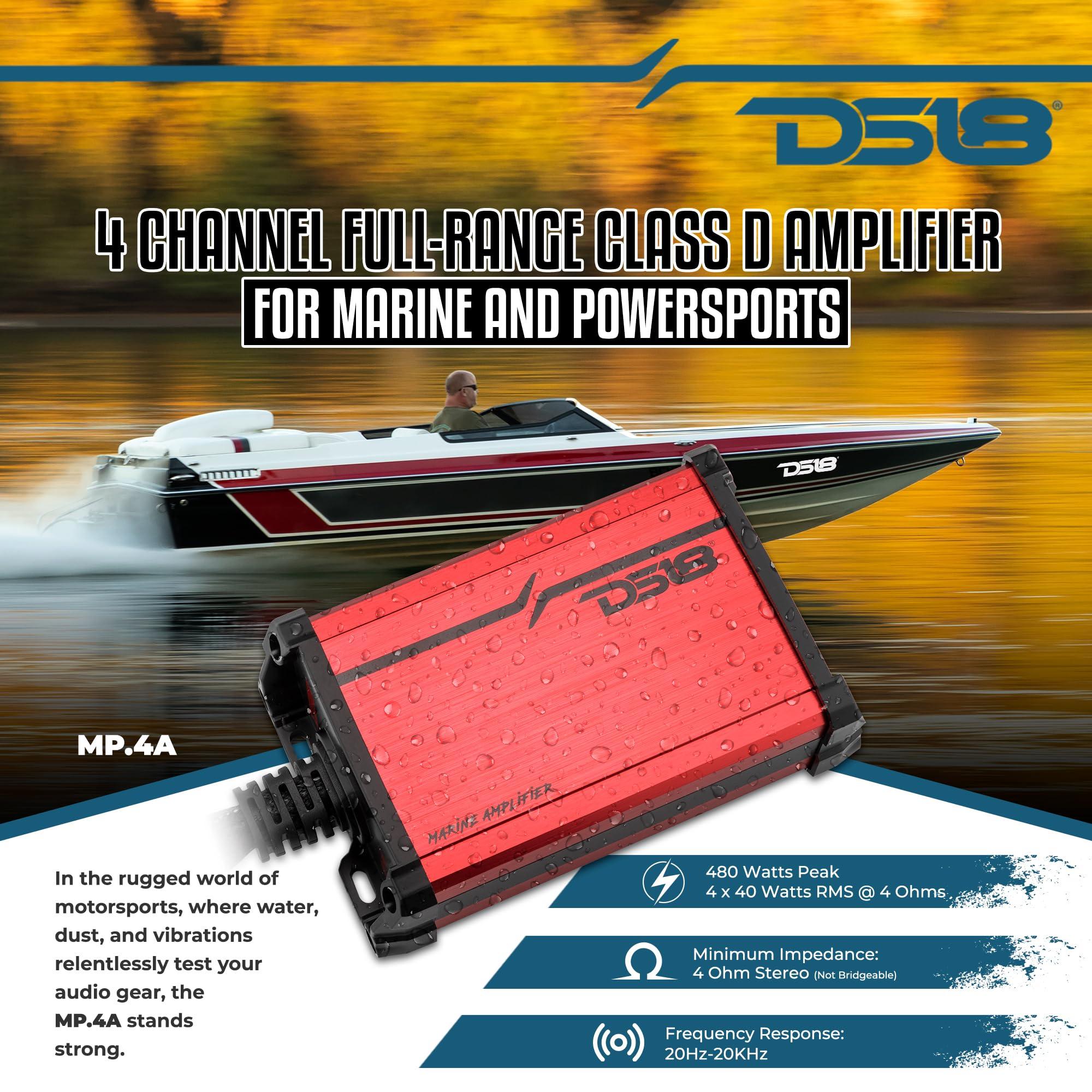 DS18 DS18 MP.4A Marine and Powersports Amplifier 4-Channel Full-Range Class D IP67 4 x 40 Watts Rms @ 4-Ohm - Compact Waterproof Amplifier 480W Max Power - Great for Marine/Motorsports and all applications