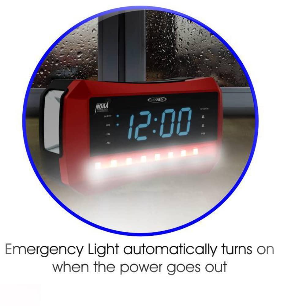 Jensen Digital AM/FM Weather Band Alarm Clock Radio with NOAA Weather Alert, Emergency Light and Built-in Flashlight