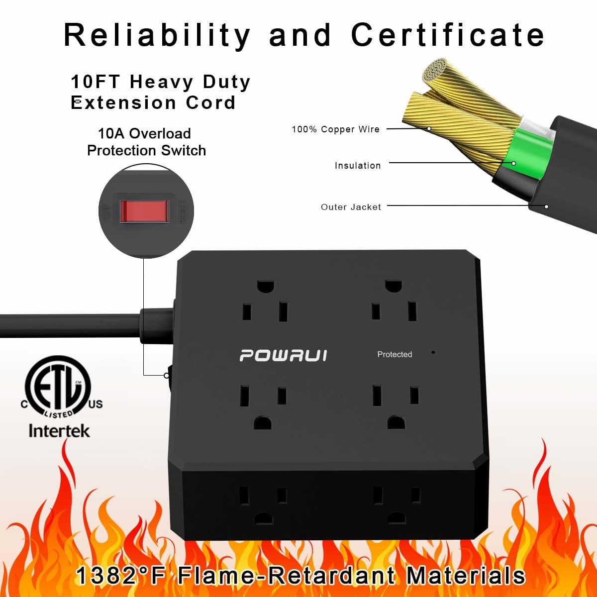 POWRUI Surge Protector Power Strip - 10 Ft Flat Plug Extension Cord with 8 Widely Outlets and 4 USB Ports(1 USB C), 3 Side Outlet Extender for Home Office, Black, ETL Listed