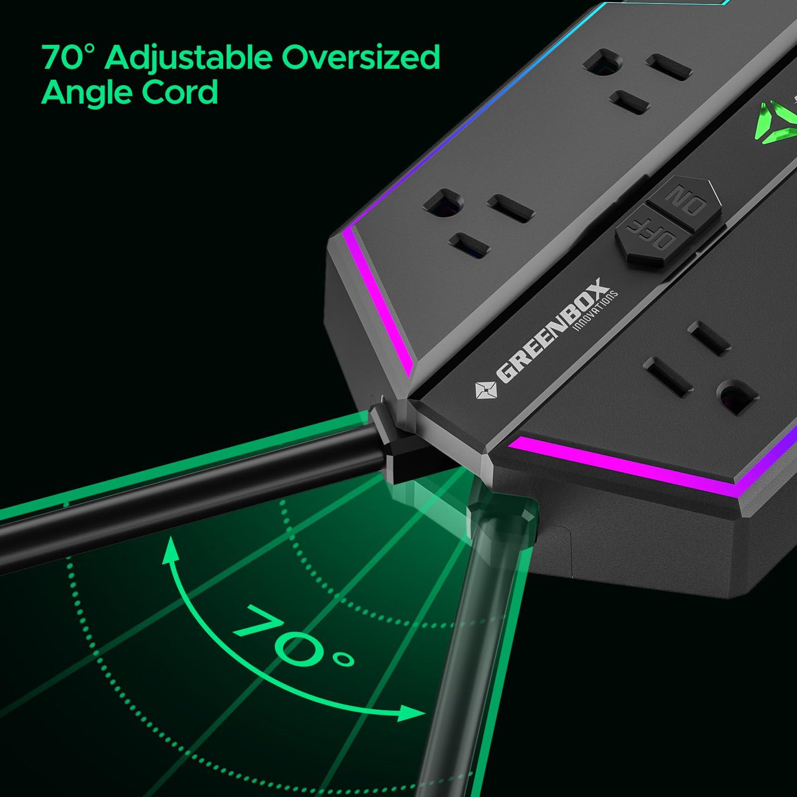 Green Box Innovations 4000J Surge Protector Power Strip with USB Ports, 6 Outlet Power Strip with RGB Lights and PD 20W Fast Charging, Wide-Spaced Outlet Perfect for e-Sports, Game PC, Home and Offices