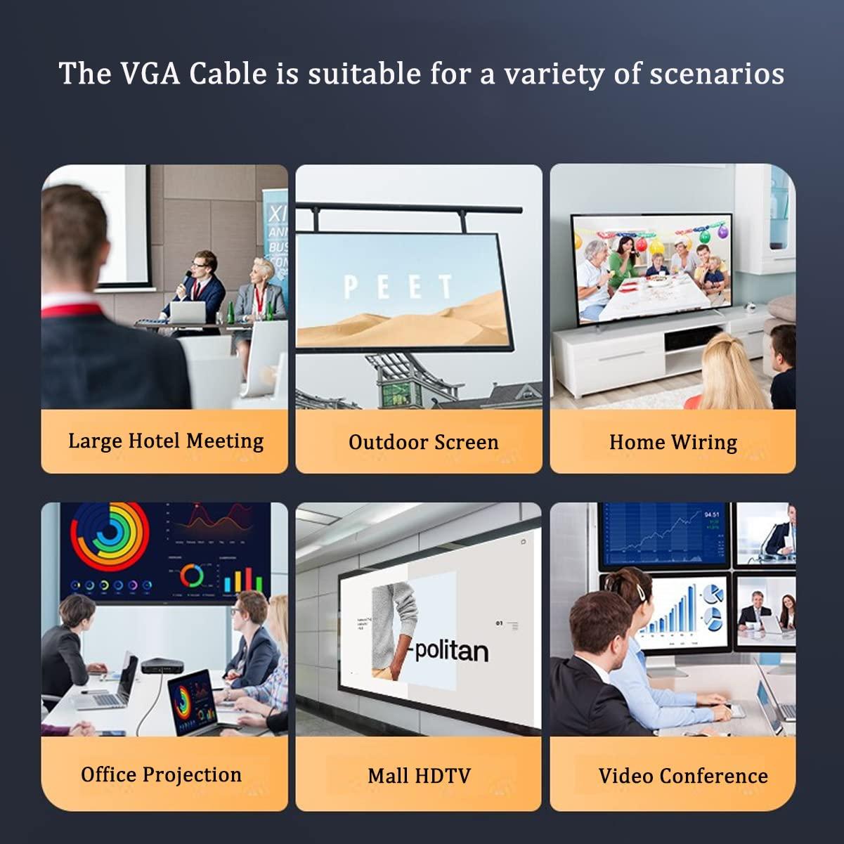 UVOOI UVOOI VGA to VGA Cable 30FT, VGA Cord HD15 Computer Monitor Cable 30Feet 1080P for PC Laptop TV Projector