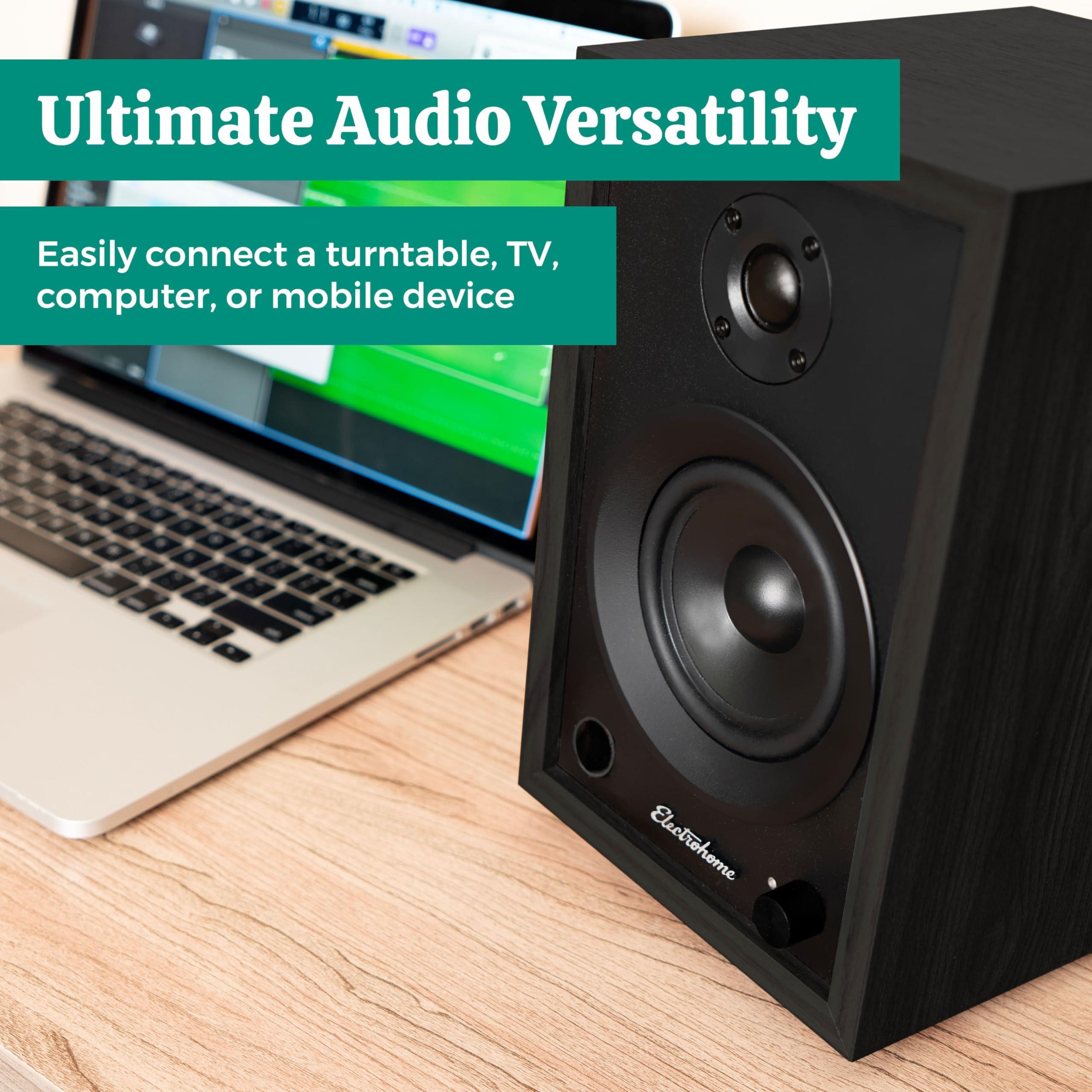 Electrohome Electrohome McKinley 2.0 Stereo Powered Bookshelf Speakers with Built-in Amplifier and 4" Drivers for Turntable, TV, PC and Wireless Music Streaming Featuring Bluetooth 5, RCA and Aux (EB30B)