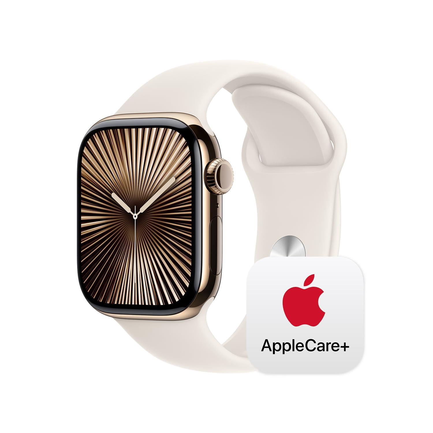 Apple Apple Watch Series 10 [GPS + Cellular 42mm] with Gold Titanium Case with Starlight Sport Band - S/M. Fitness Tracker, ECG App, Always-On Retina Display, Water Resistant with AppleCare+ (2 Years)