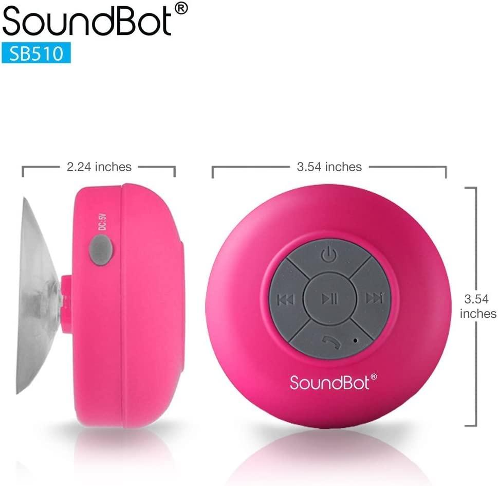 Soundbot Soundbot SB510 HD Water Resistant Bluetooth Shower Speaker, Handsfree Portable Speakerphone with Built-in Mic, 6hrs of Playtime, Control Buttons and Dedicated Suction Cup for Showers (Pink)