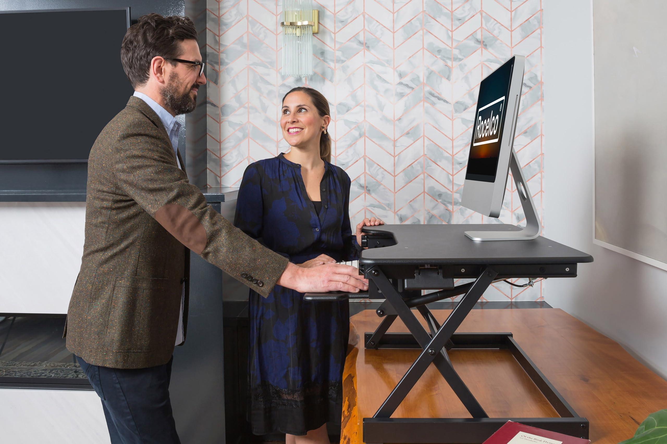 Rocelco Rocelco 40" Height Adjustable Standing Desk Converter with AC Outlet and USB Charger - Gas Spring Sit Stand Up Dual Monitor Tabletop Riser Workstation - Large Keyboard Tray - Black (R DADRB-40-ACUSB)