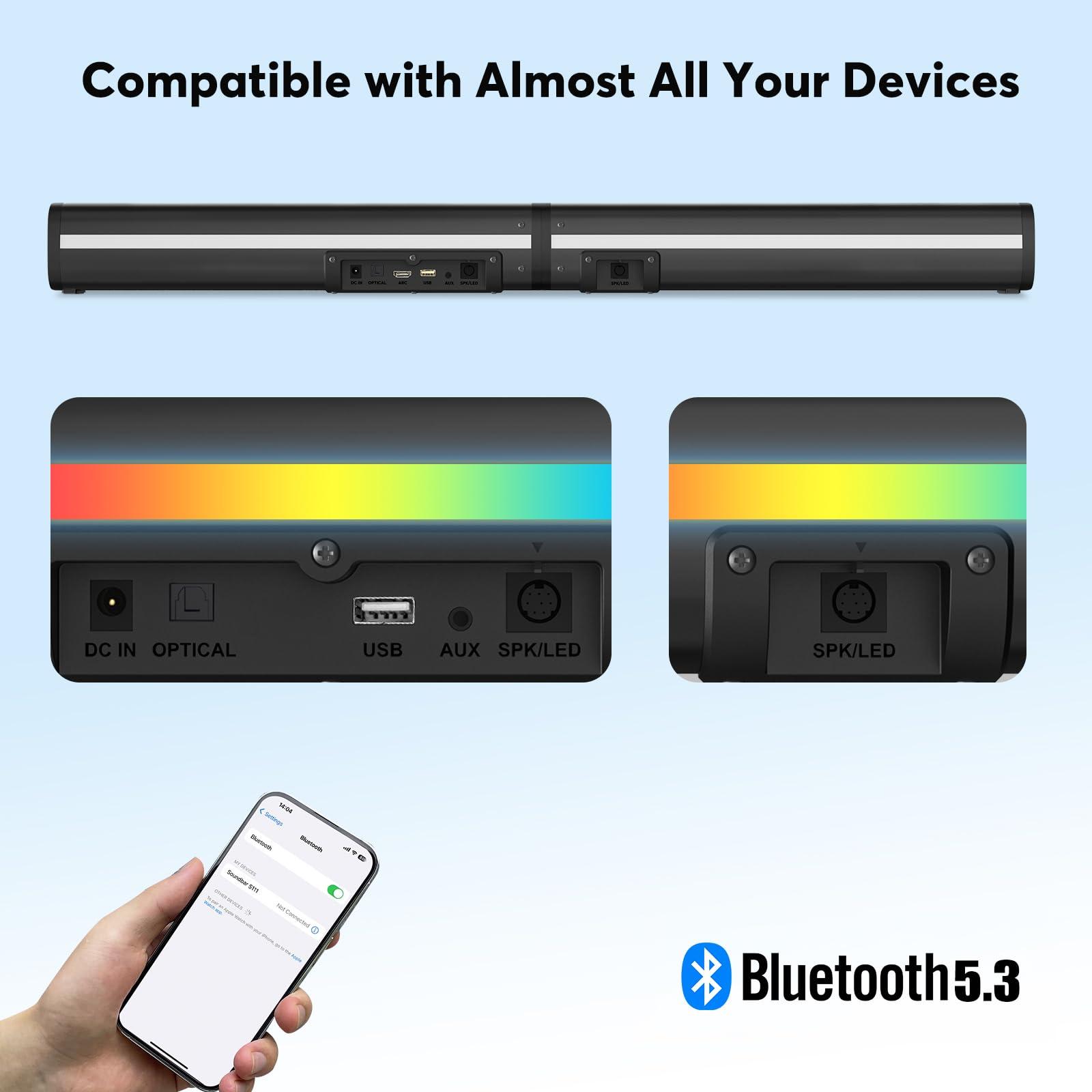 Wohome Wohome 2.2 Sound Bar for TV with Built-in Subwoofers, 32 Inches Detachable Soundbar Speaker, Bluetooth 5.3/Optical/AUX/USB Connection with Colorful Backlight (Black)