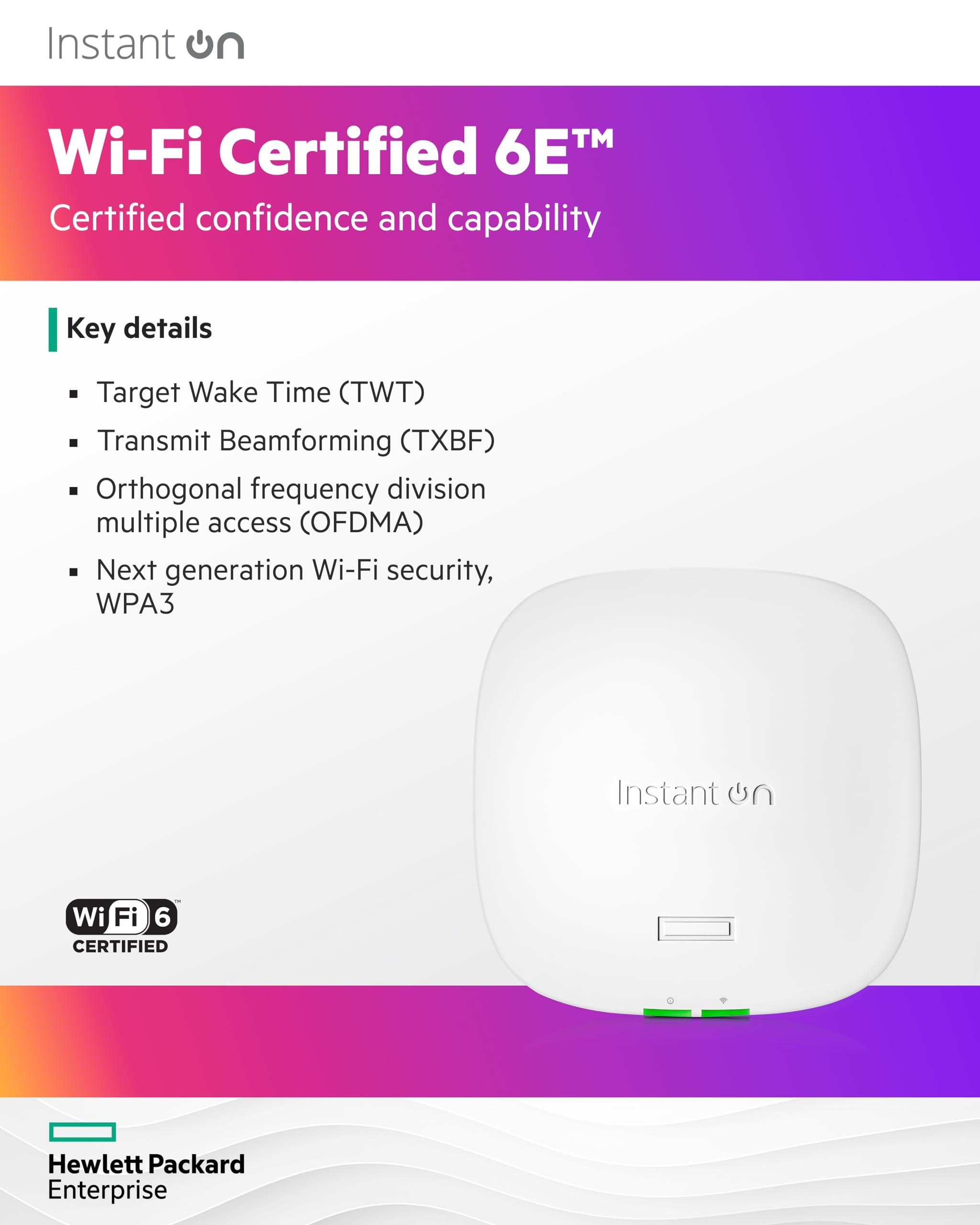 Aruba a Hewlett Packard Enterprise company HPE Networking Instant On Access Point AP32 2x2 WiFi 6E Indoor Wireless Access Point (3 Pack) | Secure, Tri-Band, Future Ready | Power Source Not Included | US Model (S1T22A-3PACK)