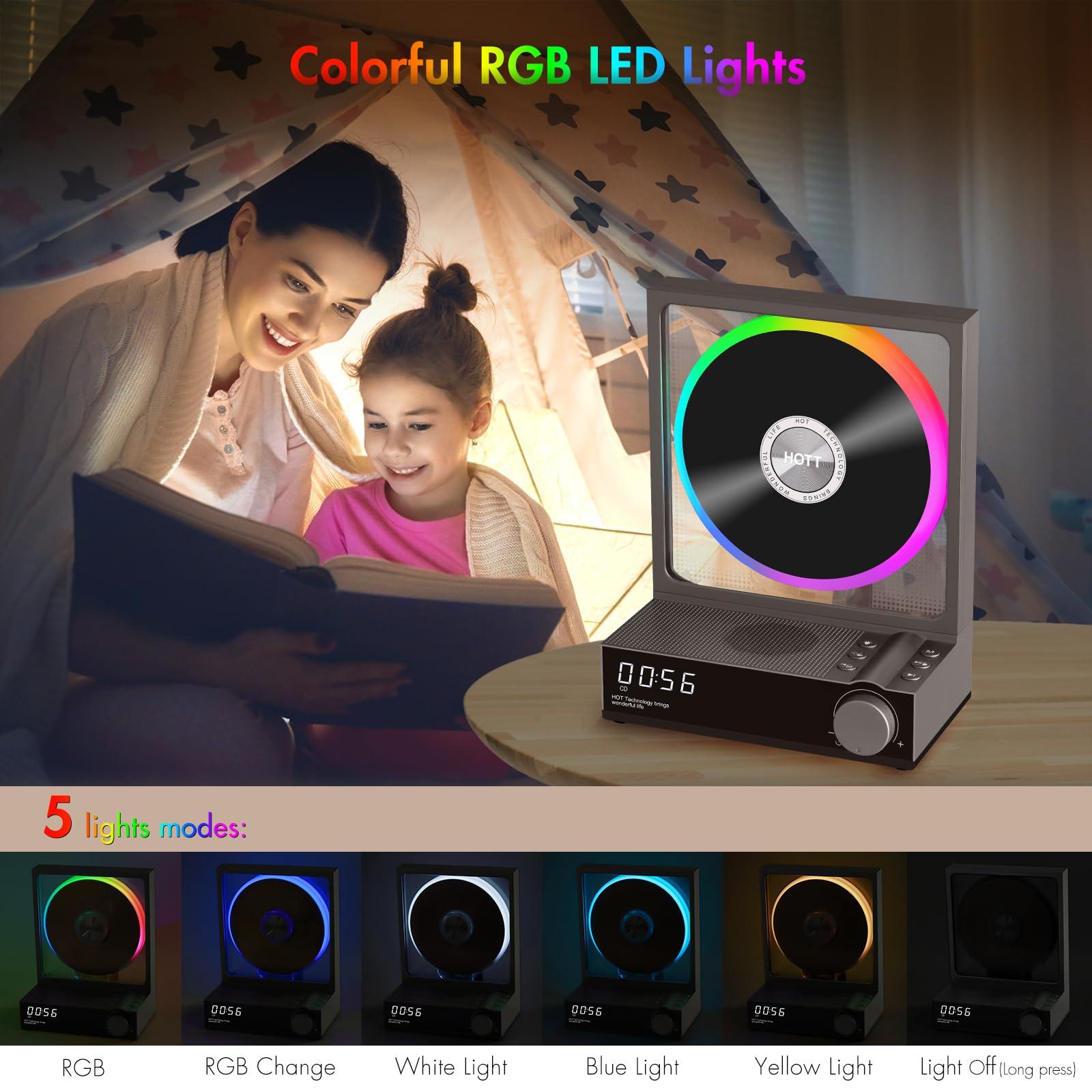 bodymaster HOTT CD Player Portable with RGB Lights Bluetooth 5.3 Desktop CD Player,Portable CD Player with HiFi Speakers, Supports TF Card, Transcription, LED Screen, Timer (Grey)