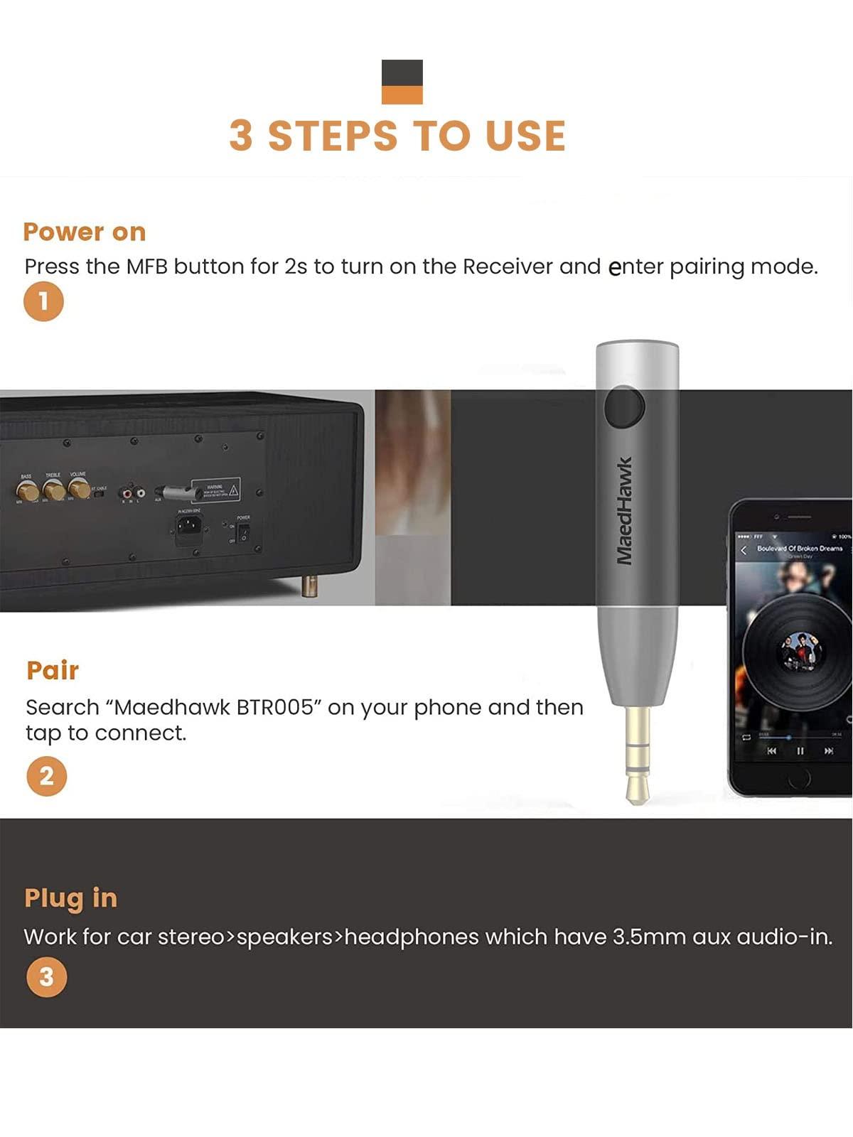 MaedHawk Bluetooth 5.0 Receiver, MaedHawk Bluetooth Aux Adapter Portable Wireless Audio Car Kit with 3.5mm Jack for Home Music Streaming Stereo Headphones Speakers