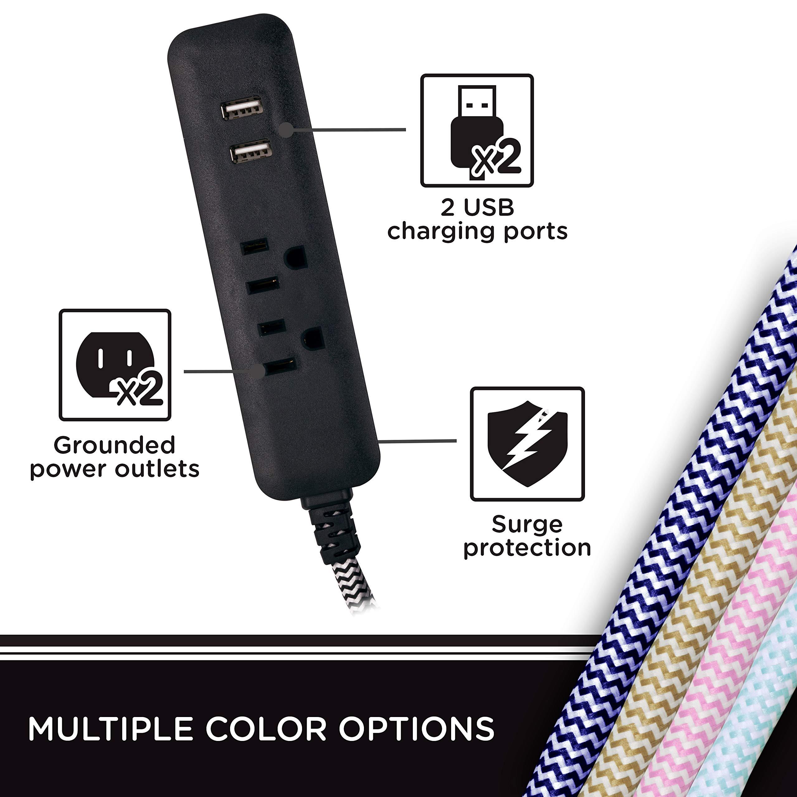 Cordinate Cordinate Surge Protector Power Strip, 2 Outlet Surge Protector, 10 Ft Braided Cord Power Strip, Surge Protector with USB Ports, 3-Prong Flat Plug Power Strip, Surge Protector Outlet, Black, 41885