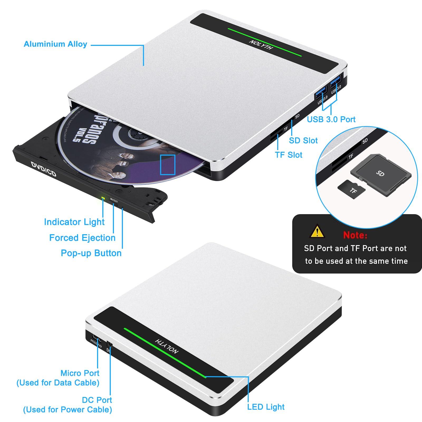NOLYTH NOLYTH External CD Drive for Apple Mac, USB DVD Drive External DVD Player CD ROM Burner with SD TF 2 USB Ports, Portable Optical Disk Reader for Laptop PC Windows Desktop