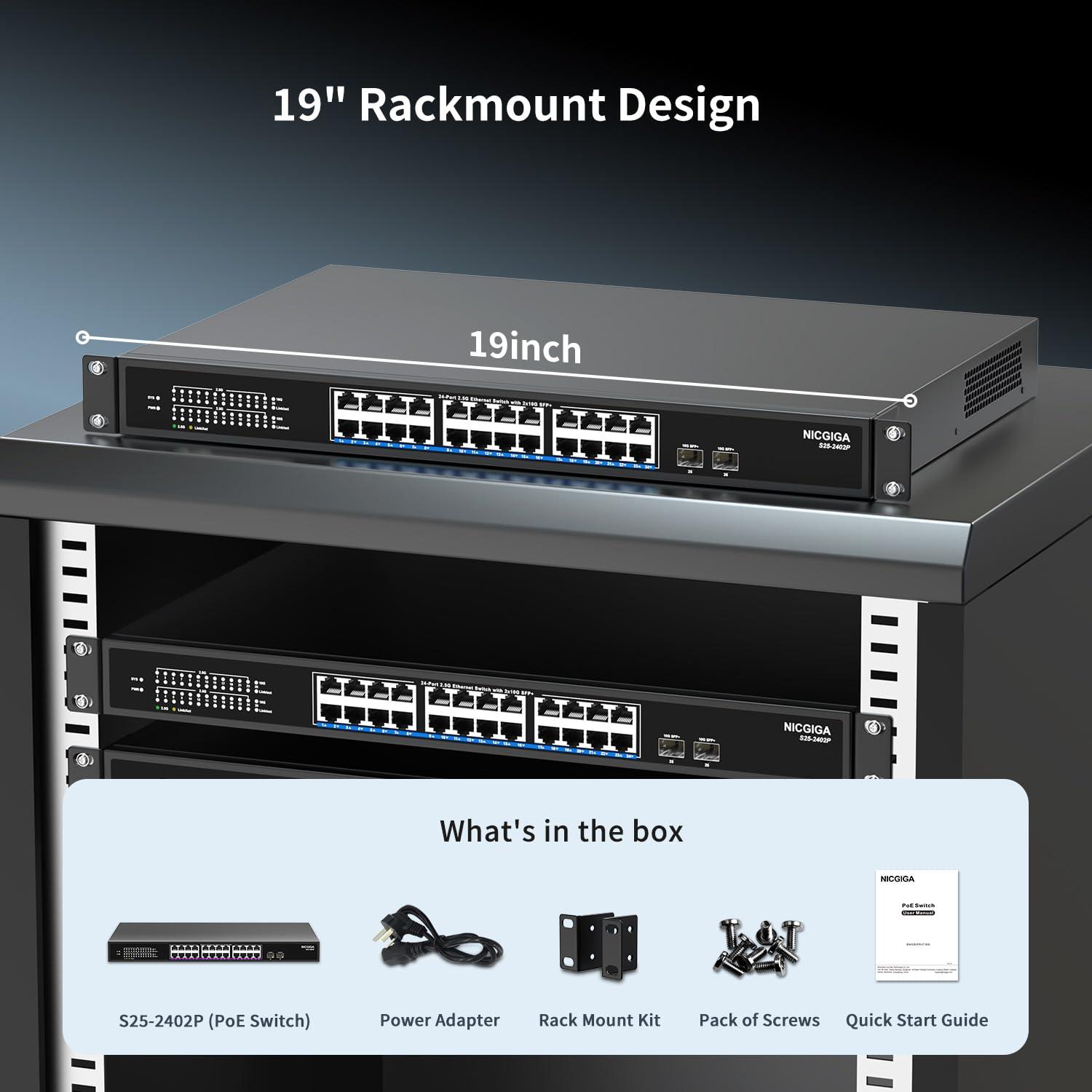 NICGIGA 24 Port 2.5G PoE Switch Unmanaged with 24 Port 2.5Gb Base-T PoE+@400W + 2 x 10G SFP+ Uplink, NICGIGA 26 Port 2.5Gbe IEEE802.3af/at Power Over Ethernet Switch, Support WiFi6 AP, NAS, 4K PoE Camera NVR.