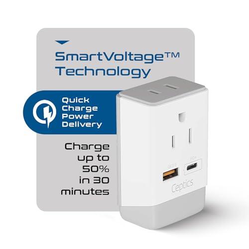 Ceptics Ceptics US to India Plug Adapter, Type D Plug Adapter QC 3.0 & PD, Safe Dual USB & USB-C 18W, India Plug Adapter Fast Charging - Powerful 2 USA Sockets - Use in Pakistan Nepal Sri Lanka - AP-10