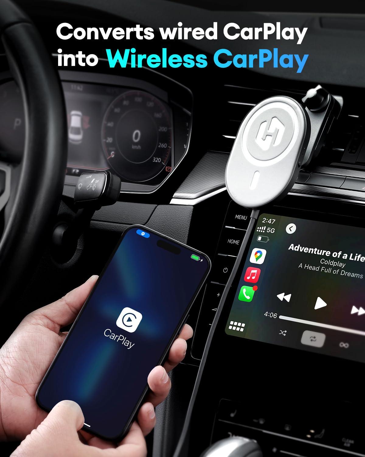 Malinto HexaCharge 3-in-1 Wireless Carplay Adapter 2024 & Magnetic Wireless Charging for iPhone and Android, Convert Wired to Wireless CarPlay and MagSafe Charging