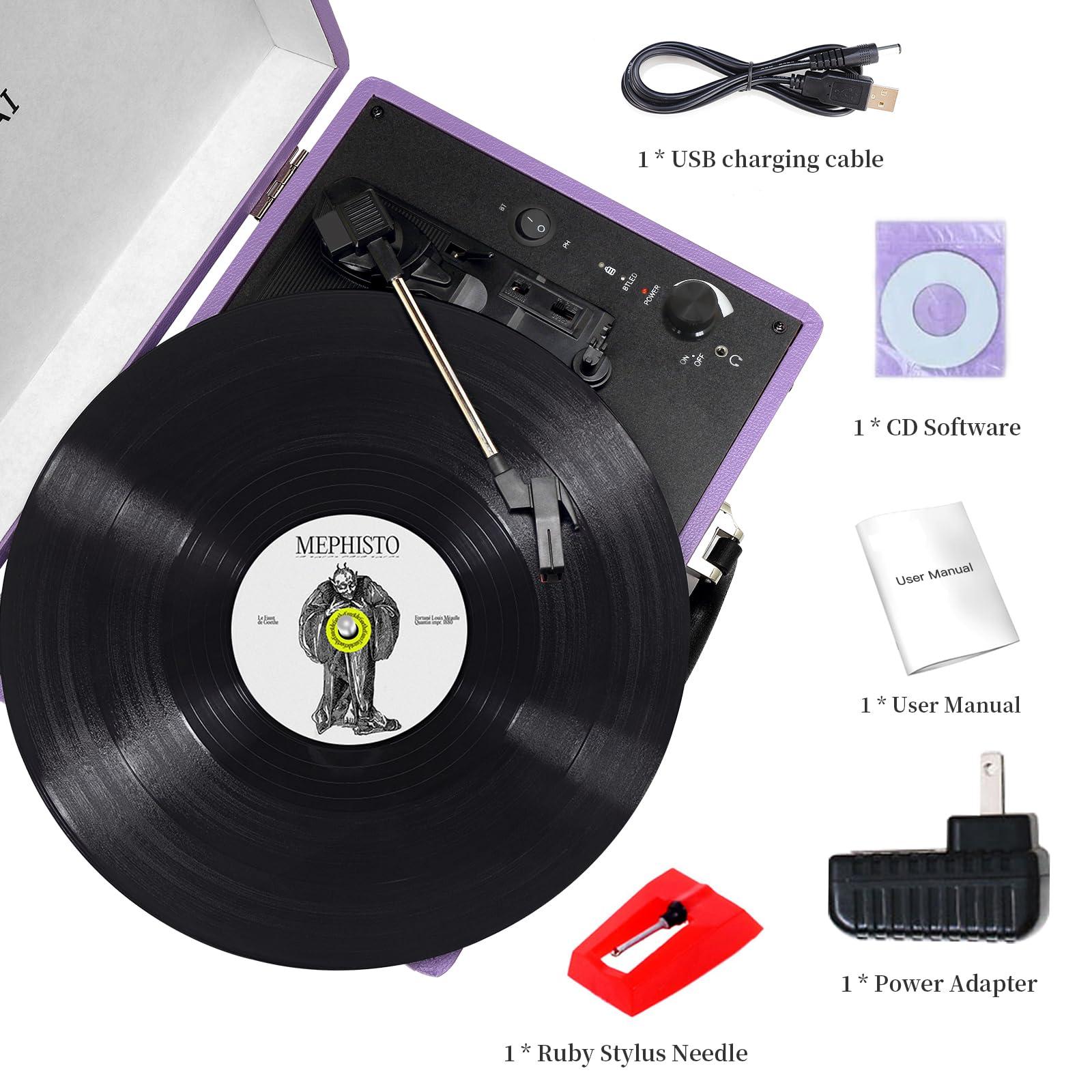 JORLAI JORLAI Record Player 3 Speed Vinyl with Bluetooth Vintage Turntable Built in Battery Portable Suitcase Support Aux in RCA Line Out Headphone Jack Purple