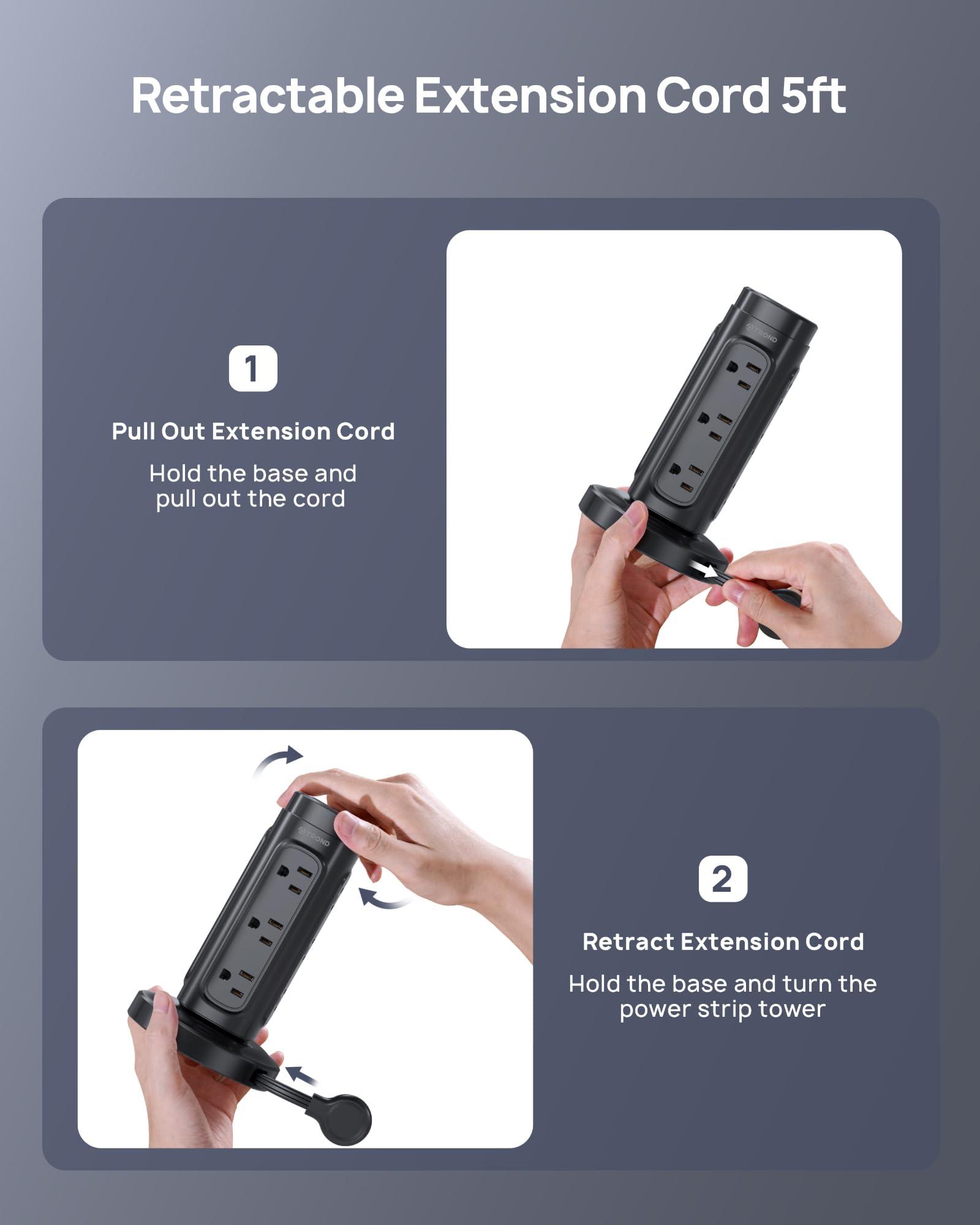 TROND TROND Retractable Power Strip Tower - Flat Plug Surge Protector Power Strip with USB C PD 20W, 5ft Extension Cord with Multiple Outlets, 1700 Joules, Office Desk Supplies, Dorm Room Essentials, Black