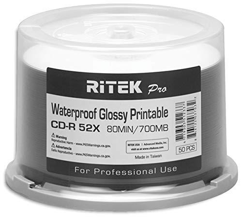 Ritek Pro 100-Pak Ritek Pro CD-R 52X 700MB 80Min Professional Grade Watershield Water Resistant Glossy White Inkjet Hub Printable Blank Recordable Disc in Cakebox (2 x 50-Pak)