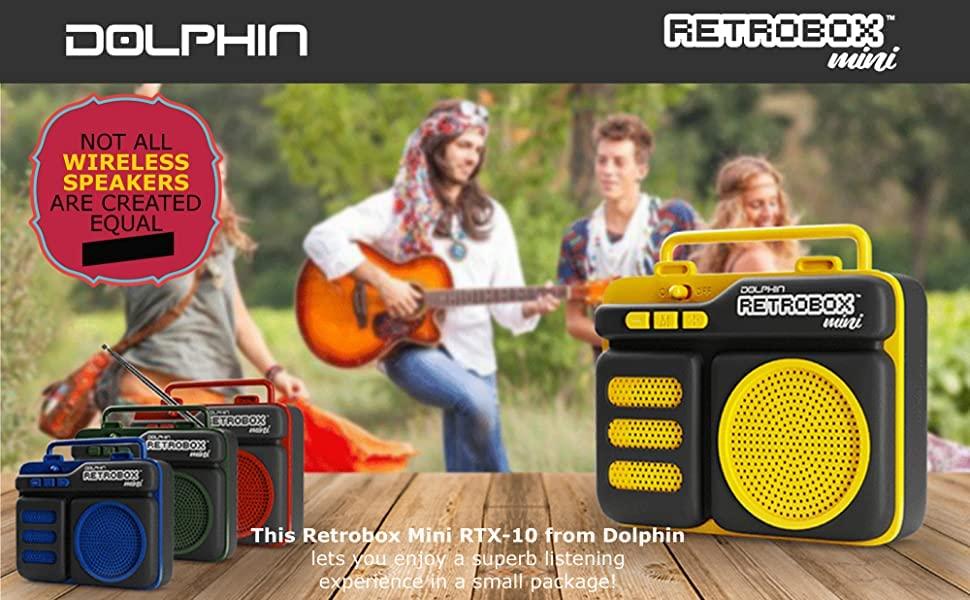 Dolphin Dolphin Retrobox Mini for Jobsite, Small but Durable Bluetooth Speakers with FM, Rechargeable Music Device, Up to 12 Hour Play Time, Yellow