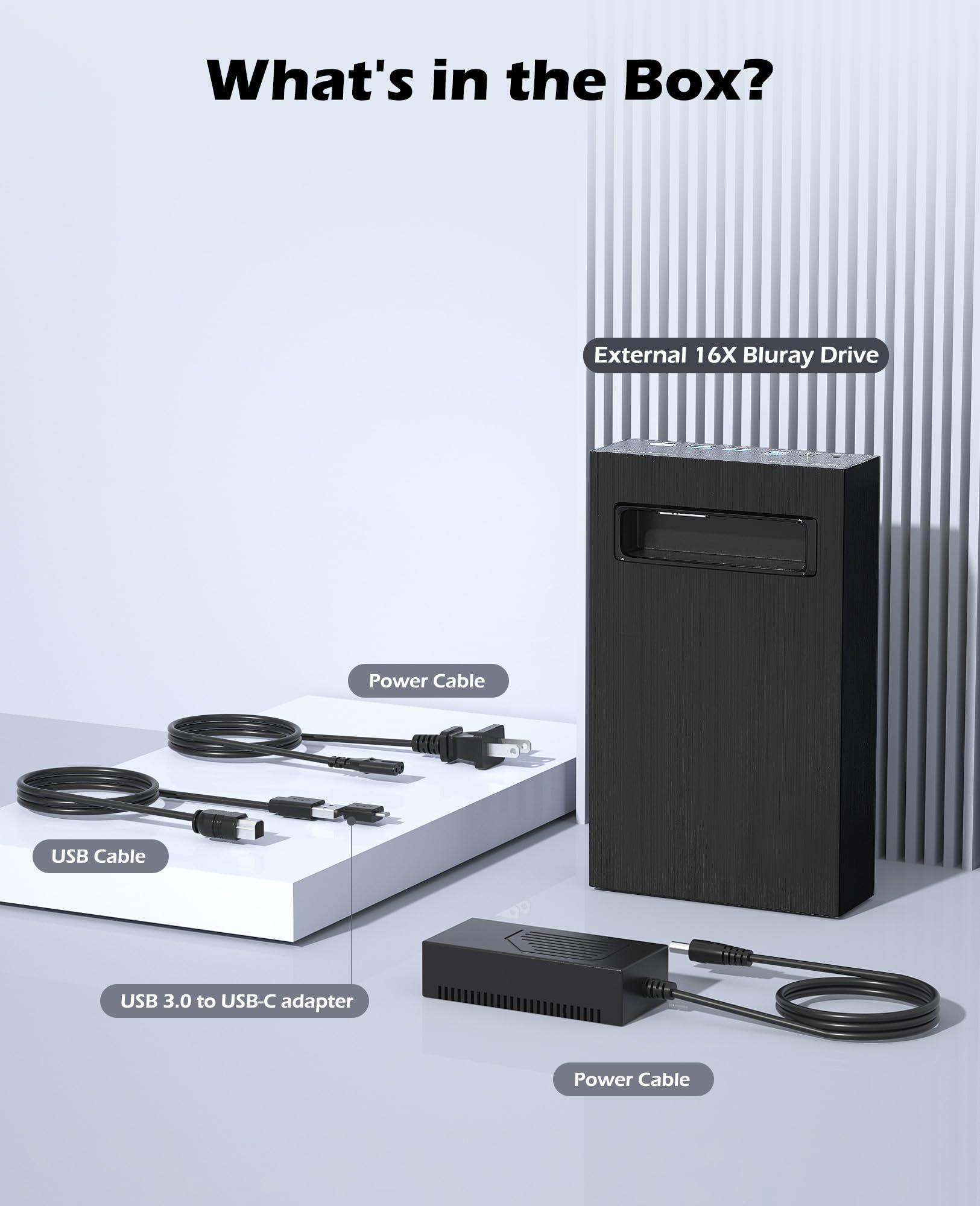 Wbacon 4 in 1 External Blu Ray Drive, 16X Blu-ray, 16X DVD, 48X CD Read/Write with SATA I/II/III Interface, USB 3.0 Type C External Bluray Burner for Laptop DVD Burner Compatible with Windows XP/7/8/10/11