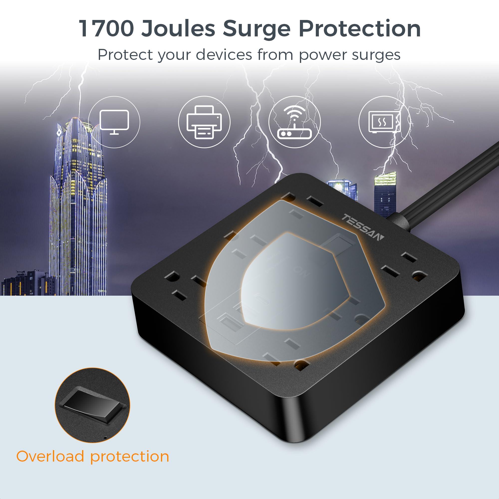 TESSAN Surge Protector Flat Plug Power Strip, Black Extension Cord 5 FT with 3 USB Charger (1 USB C), Multiple Outlets Charging Station for Home, Office, College Dorm Room