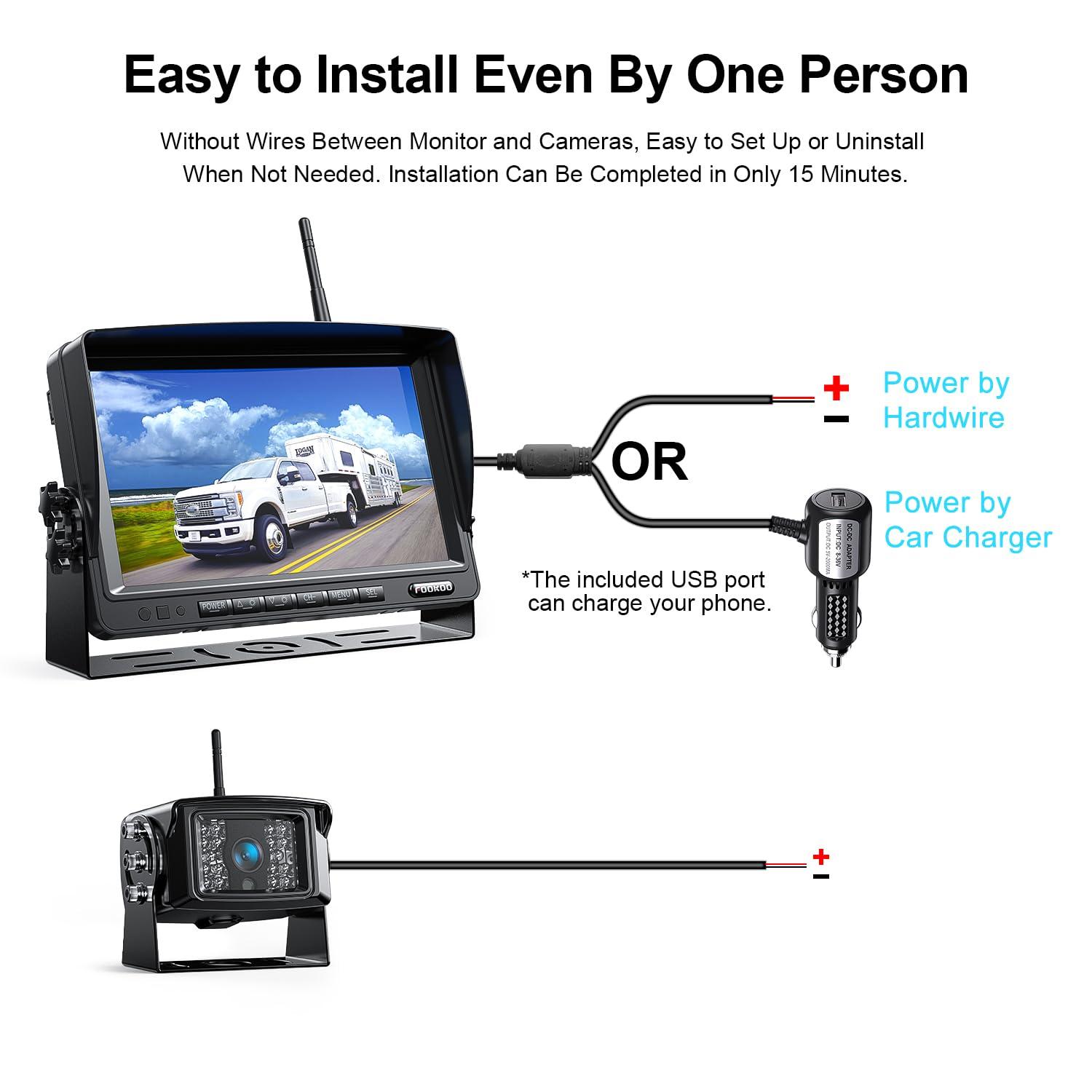 Fookoo Fookoo 1080P 7" Wireless Backup Camera System, 7" HD Dual/Quad Split Monitor with Recording, IP69 Waterproof Rear View Front View Cameras with Parking Lines, Suits for RV/Truck/Trailer/Van/Bus(DW702)