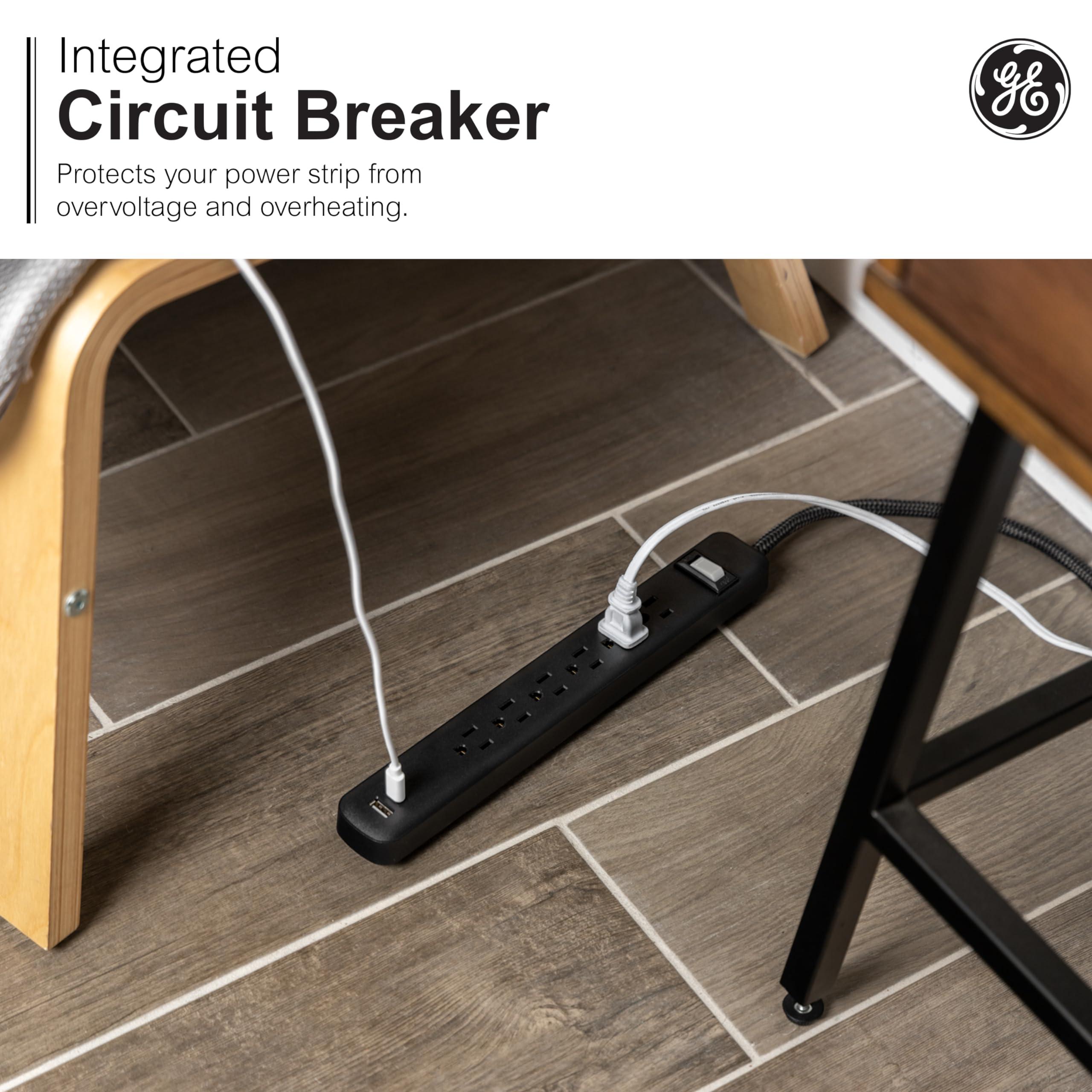 GE GE 6-Outlet Power Strip with USB, 1 USB-A, 1 USB-C, Outlet Extender, 6 Ft Braided Extension Cord, Flat Plug, Charging Station, Black, 82595