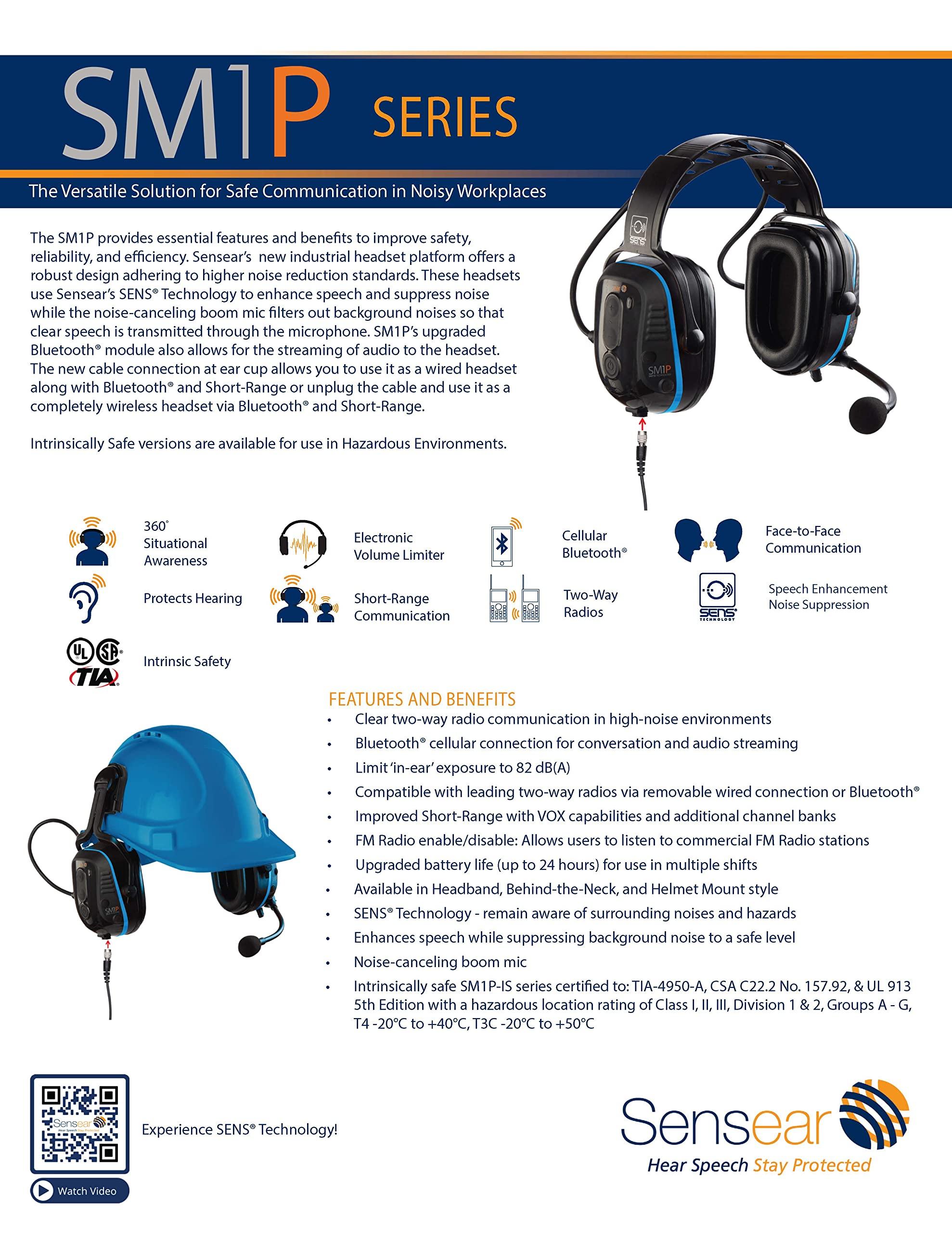 Sensear Sensear SM1P-IS Hazardous Location Smart Wireless Industrial Communication Headset, Behind-the-Neck, 24 dB NRR, Noise Cancelling Ear Protection, 82 dB Volume Limiter, Manufacturing, Oil & Gas, Mining
