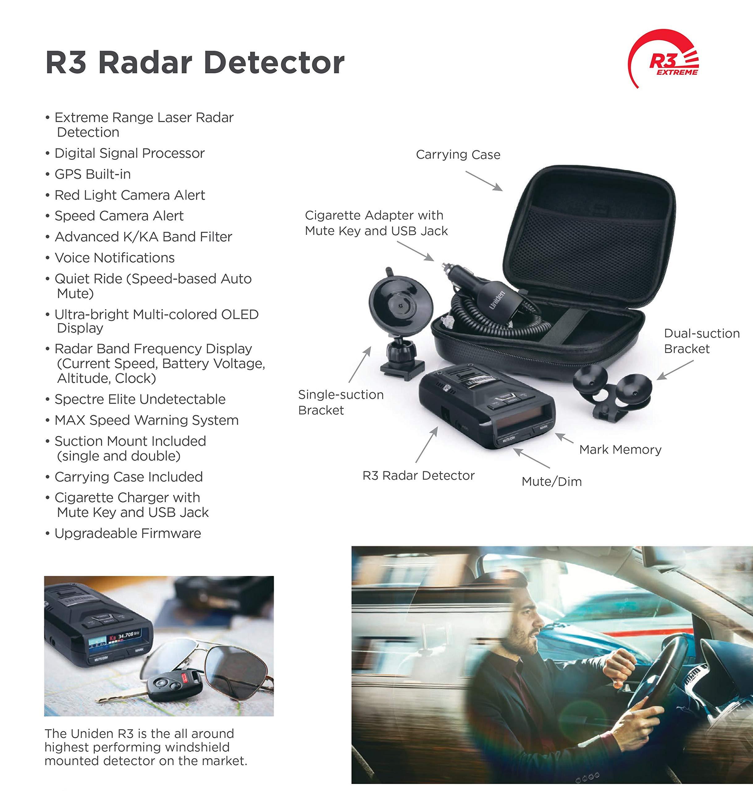 Uniden Uniden R3 EXTREME LONG RANGE Laser/Radar Detector, Record Shattering Performance, Built-in GPS w/ Mute Memory, Voice Alerts, Red Light & Speed Camera Alerts, Multi-Color OLED Display , Black