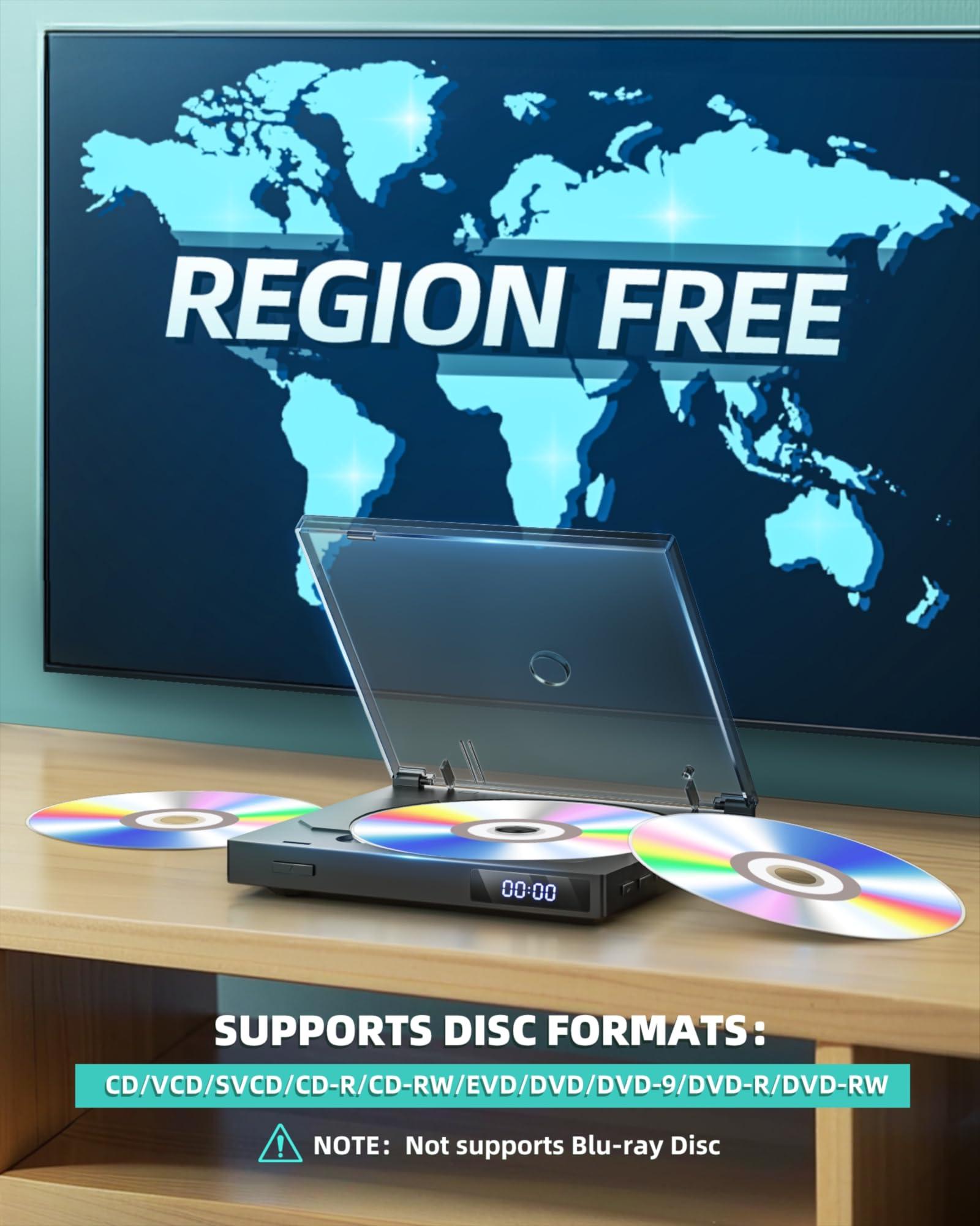 SHIWAKOTO Mini DVD Players for TV, HDMI DVD Player with HDMI RCA Cable, All Region Free Compact DVD Player Support USB, AUX, NTSC/PAL, Memory Playback, Small CD DVD Players with Remote Control