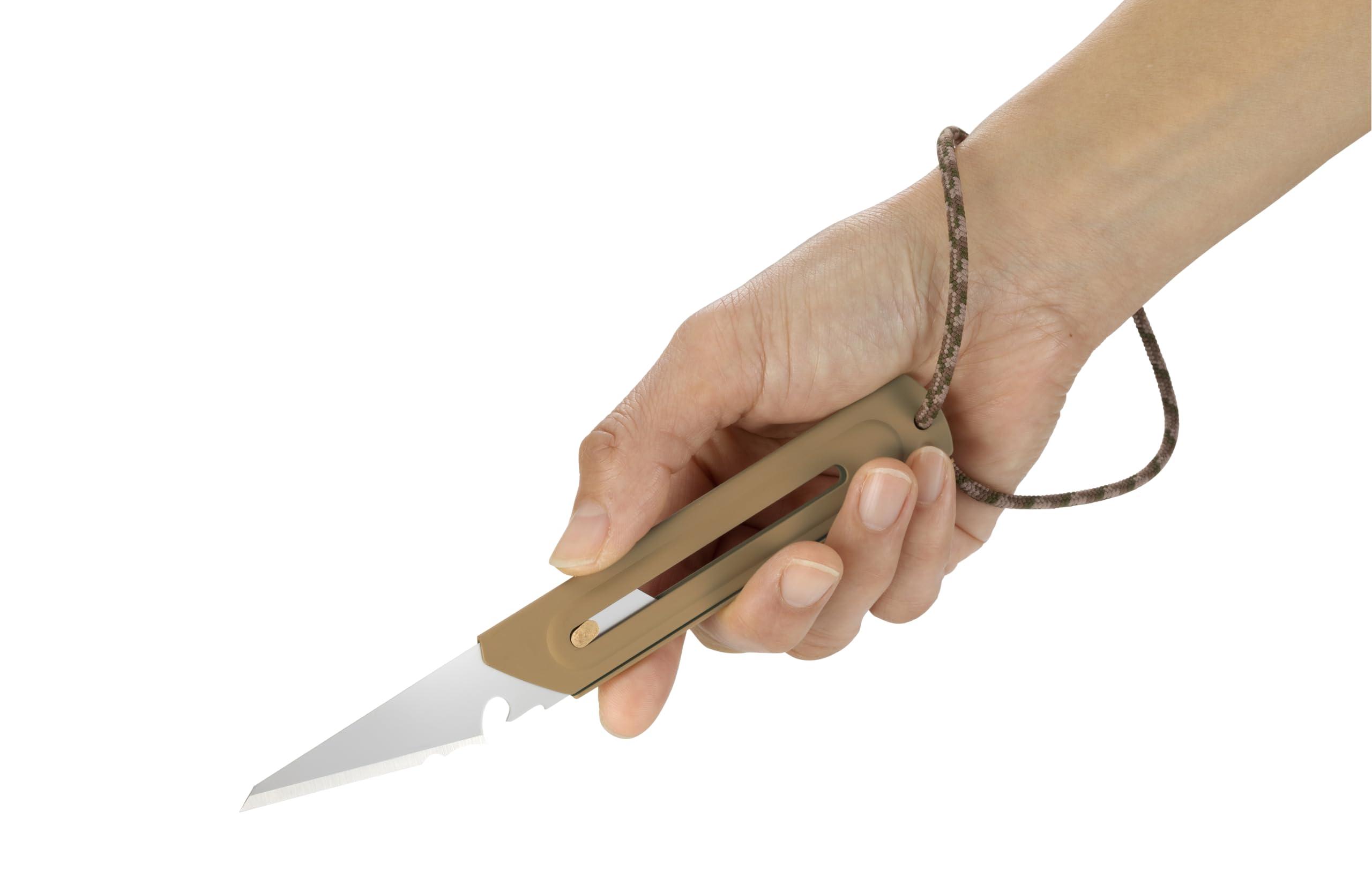 OLFA OLFA WORKS OW-UCK-1/SB Utility Camp Knife High Carbon Stainless Steel Blade - Multipurpose Outdoor Knife, Great for and Camping Activities - Brass Wheel Lock, Replacement Blade: OWB-UCB-1 (Sand)