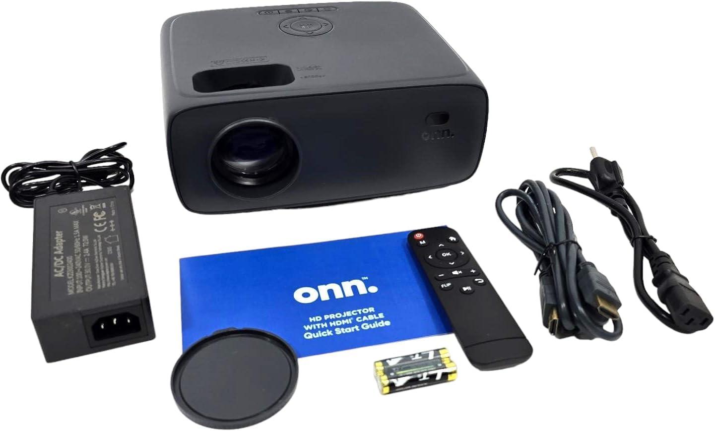 ONN Onn. HD 1080p LCD Home Theater Projector, Streaming Ready, 6' HDMI Cable, 5 Watt Speaker, Remote, 32" - 210" image size, Supports HDMI/USB/MicroSD/AV, Indoor & outdoor use - 100096801 (Renewed)