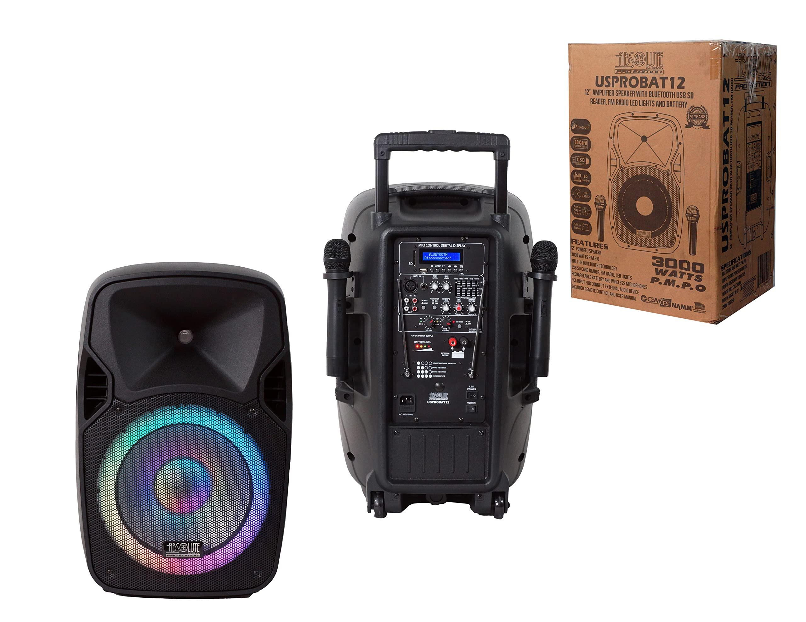 Absolute USA ABSOLUTE USA USPROBAT12. Portable 12" Speaker 3000 Watts PA System Wireless Mic Bluetooth