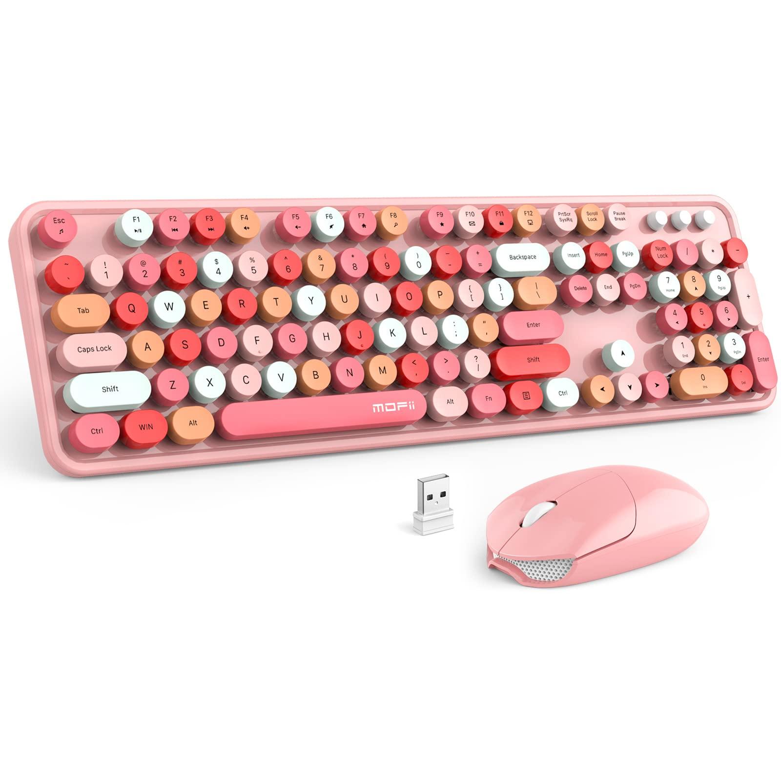 MOFII MOFII Wireless Keyboard and Mouse, Pink Colorful Round Key Retro Typewriter Keyboards, USB Wireless 2.4G Full Size Keyboard and Cute Mice Combo for Computer, Laptop, PC, Chromebook, Smart TV