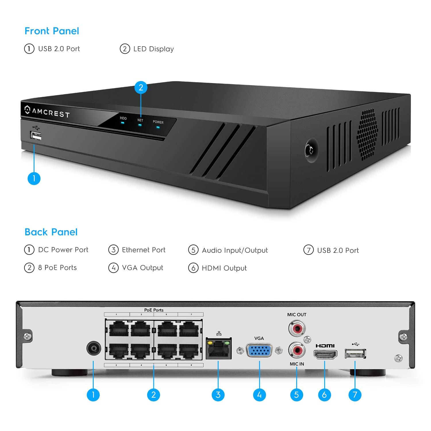 Amcrest Amcrest NV4108E-A2 4K 8CH POE NVR (1080p/3MP/4MP/5MP/8MP) POE Network Video Recorder - Supports up to 8 x 8MP/4K IP Cameras, 8-Channel Power Over Ethernet Supports up to 10TB HDD (Not Included)