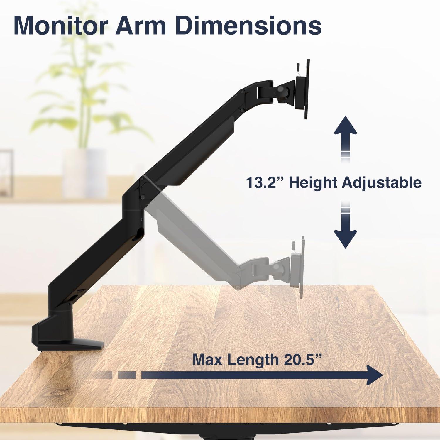 Desky Desky Heavy Duty Single Monitor Arm (24lbs+) Ergonomic Gas Spring Desk Mount, Fits 3843" Ultrawide Screens, VESA 75x75/100x100, Clamp/Grommet Base Black