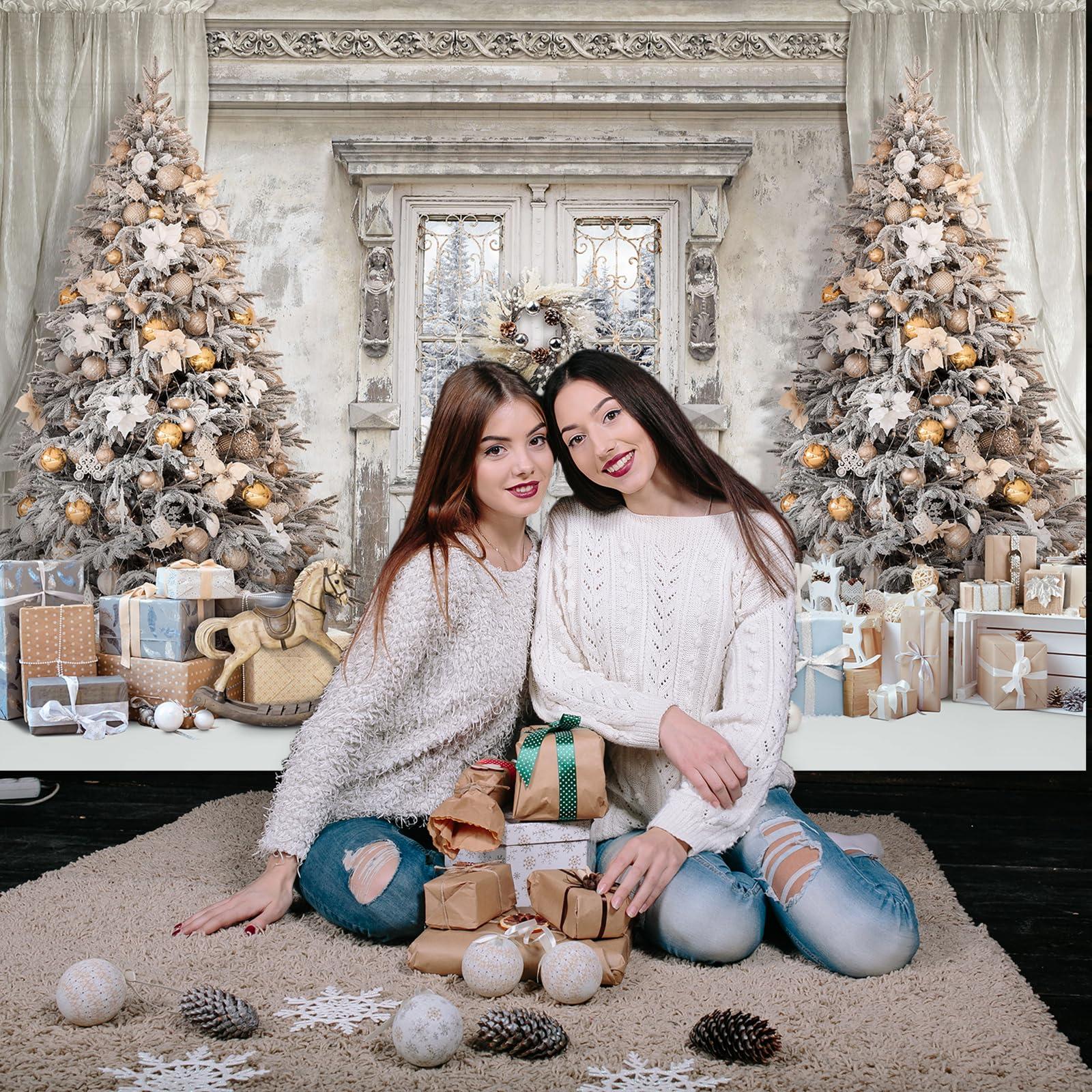 Mocsicka Mocsicka Christmas Winter Manor Photography Backdrop Stylish Christmas Interior Room Photo Background Decorated Xmas Tree Family Kids Holiday Party Banner Decorations Photo Booth Props (8x6ft)