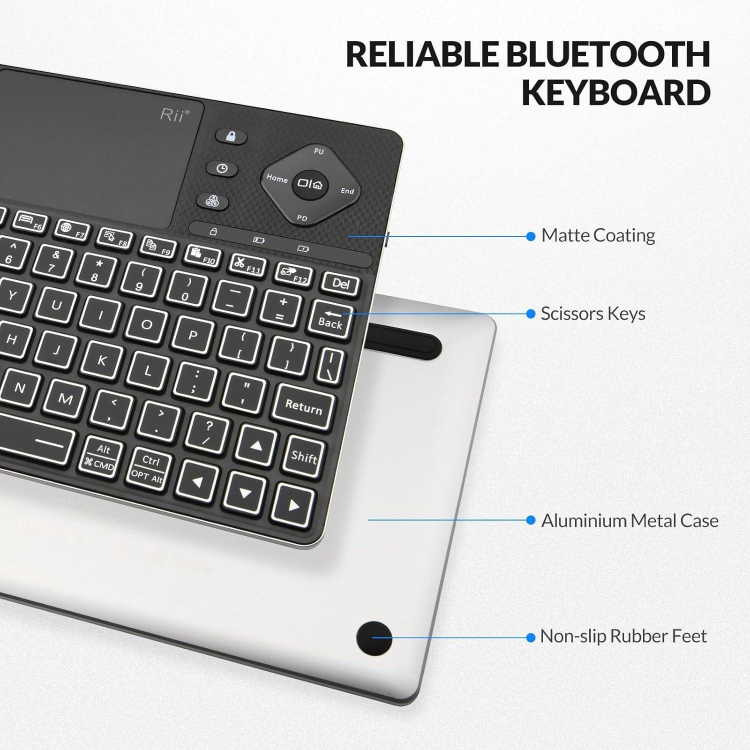 Rii Rii Wireless Keyboard K16,Bluetooth Keyboard with Touch Pad, Rechargeable Keyboard with RGB Backlit,Multimedia Compact Keyboard for Android TV,Projector,HTPC,Smart TV,Tablet,iPad,PC,Laptop