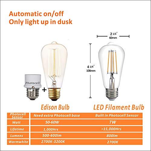 Spolico Dusk to Dawn LED Lights Bulb,Photocell Sensor Bulb, Auto Turn On/Off, ST58 ST19 60W Edison Replacement, E26 8W 800lm,Warm White 2700K for Outdoor Wall Light Fixture Garden Garage Porch Pack of 2