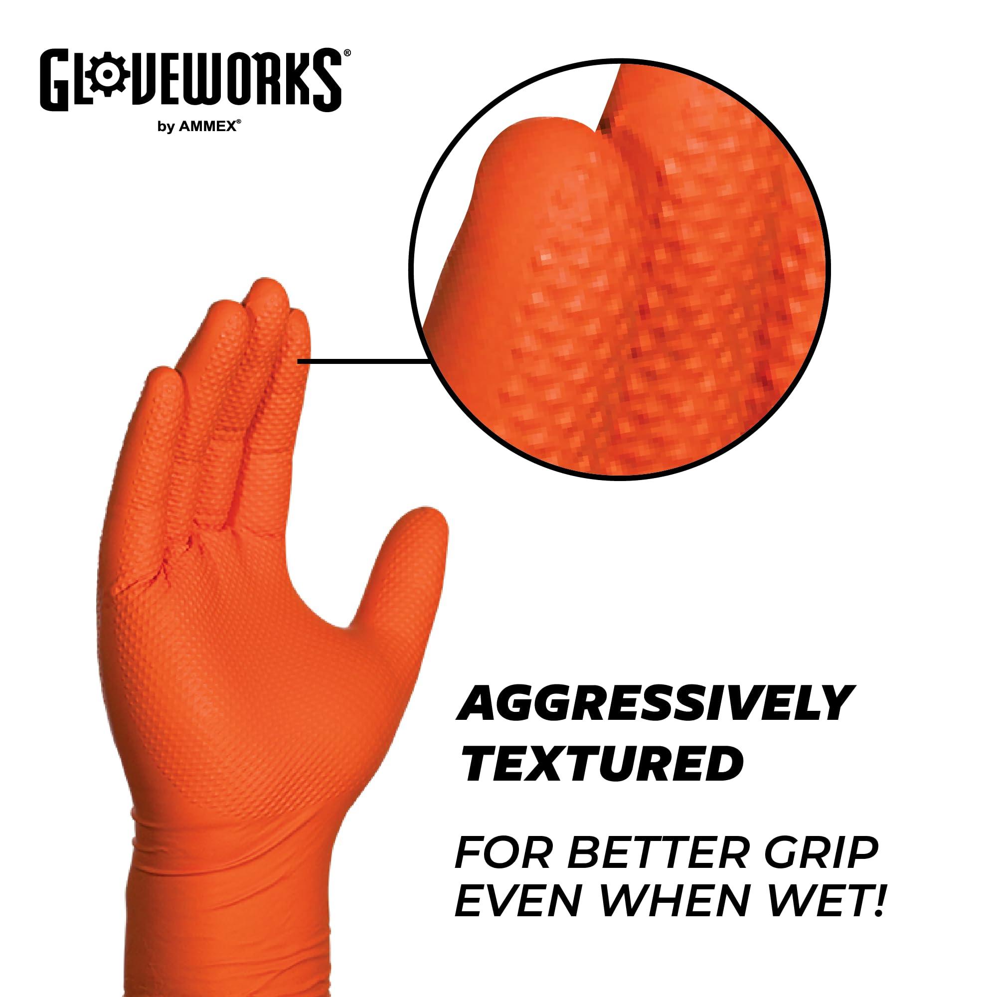 GLOVEWORKS GLOVEWORKS HD Orange Nitrile Industrial Disposable Gloves, 8 Mil, Latex-Free, Raised Diamond Texture, X-Large, 2 Boxes of 100