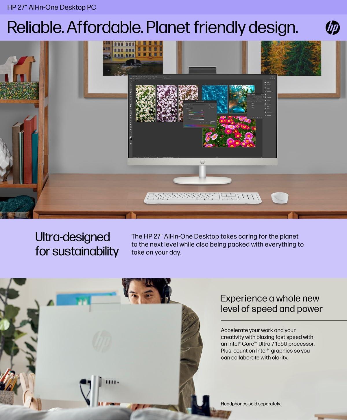 HP HP 27" All-in-One Desktop Computer, FHD IPS Display, 12-core Intel Core Ultra 7-155U Processor, 64GB DDR5, 1TB SSD, Wi-Fi 6, HDMI, Wireless KB&Mouse, Windows 11 Pro, + 500G P500 Portable SSD