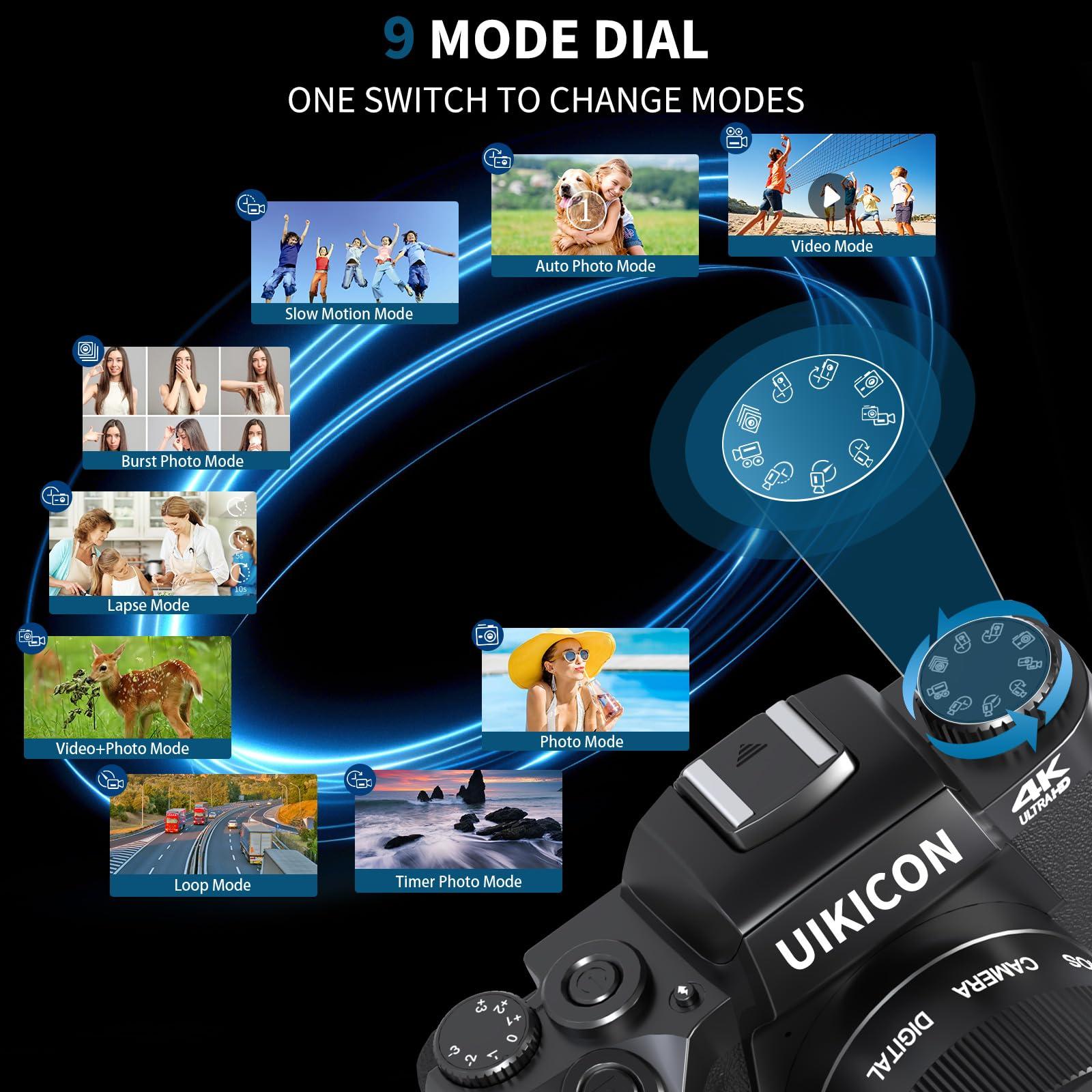 UIKICON UIKICON Digital Camera for Photography 4K Vlogging Camera 64MP Mirrorless Camera with WiFi, Dual Camera, 52mm Fixed Lens, 4.0\" Touch Screen, 32GB SD Card & Camera Bag(W05-Black2)