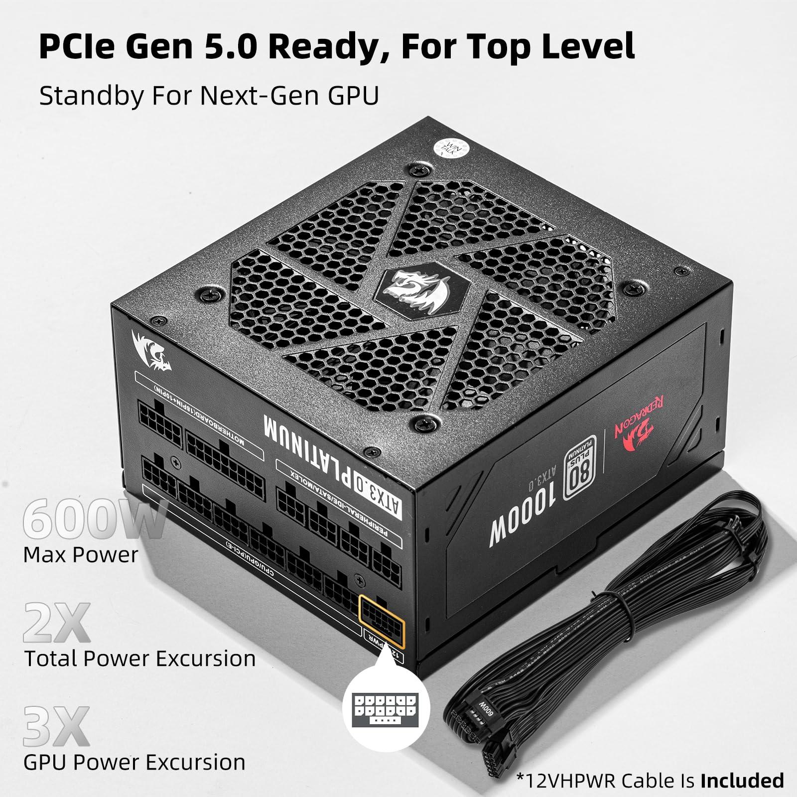 Redragon Redragon PSU017 80+ Platinum 1000 Watt ATX 3.0 & PCIe 5.0 Fully Modular Gaming Power Supply, 80 Plus Certified, 100% Japanese Capacitors & Low Noise Smart-ECO Fan, Fully Modular w/12VHPWR Cable