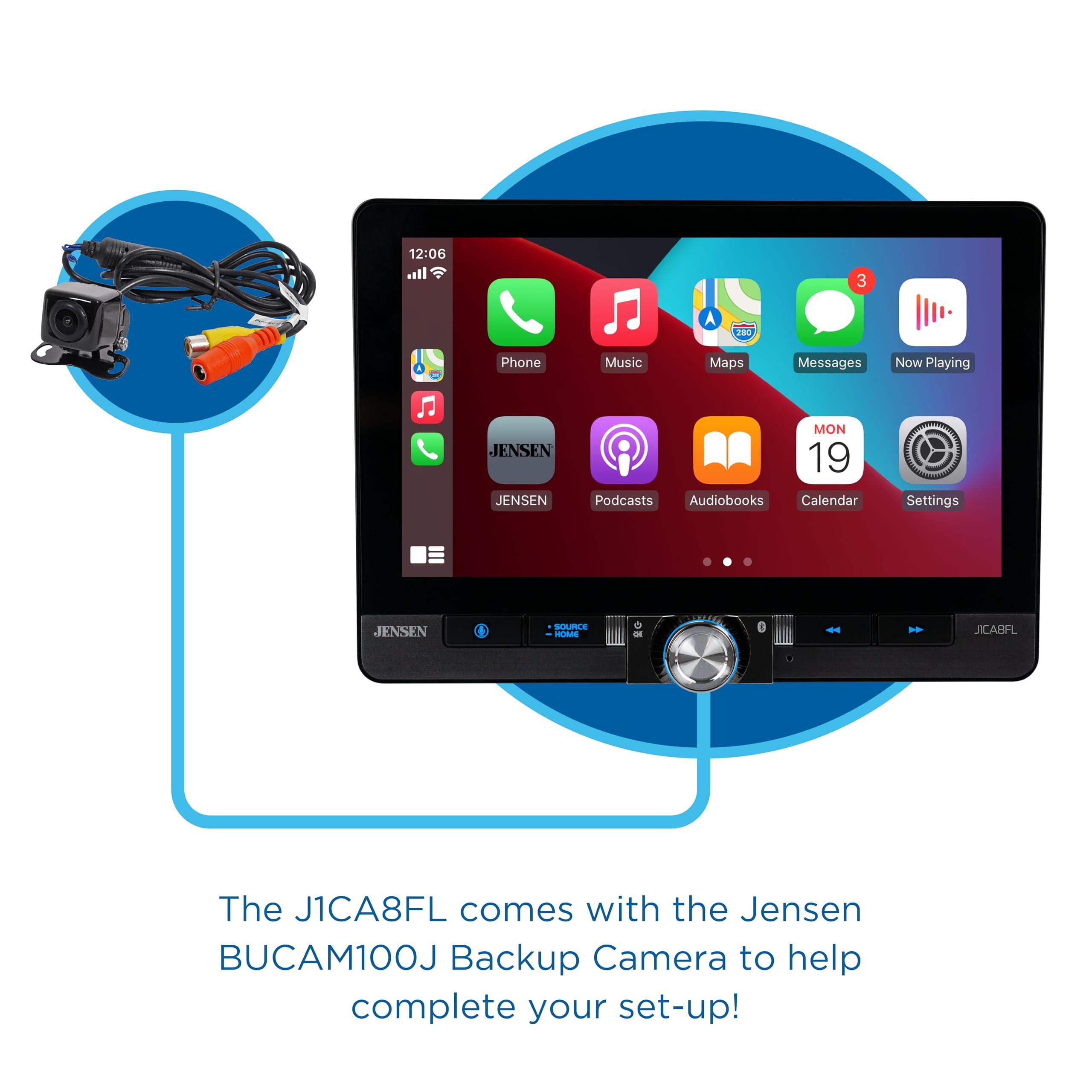 Jensen Jensen J1CA8FL-BUC 8-inch Certified Apple CarPlay Android Auto Wired or Wireless | Single DIN and Double DIN Touchscreen Car Stereo Radio | Bluetooth | USB Charge | Backup Camera Included